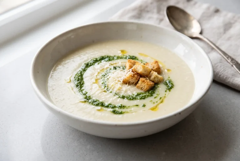 Creamy cauliflower soup topped with kale pesto, croutons, parmesan, and a truffle oil drizzle