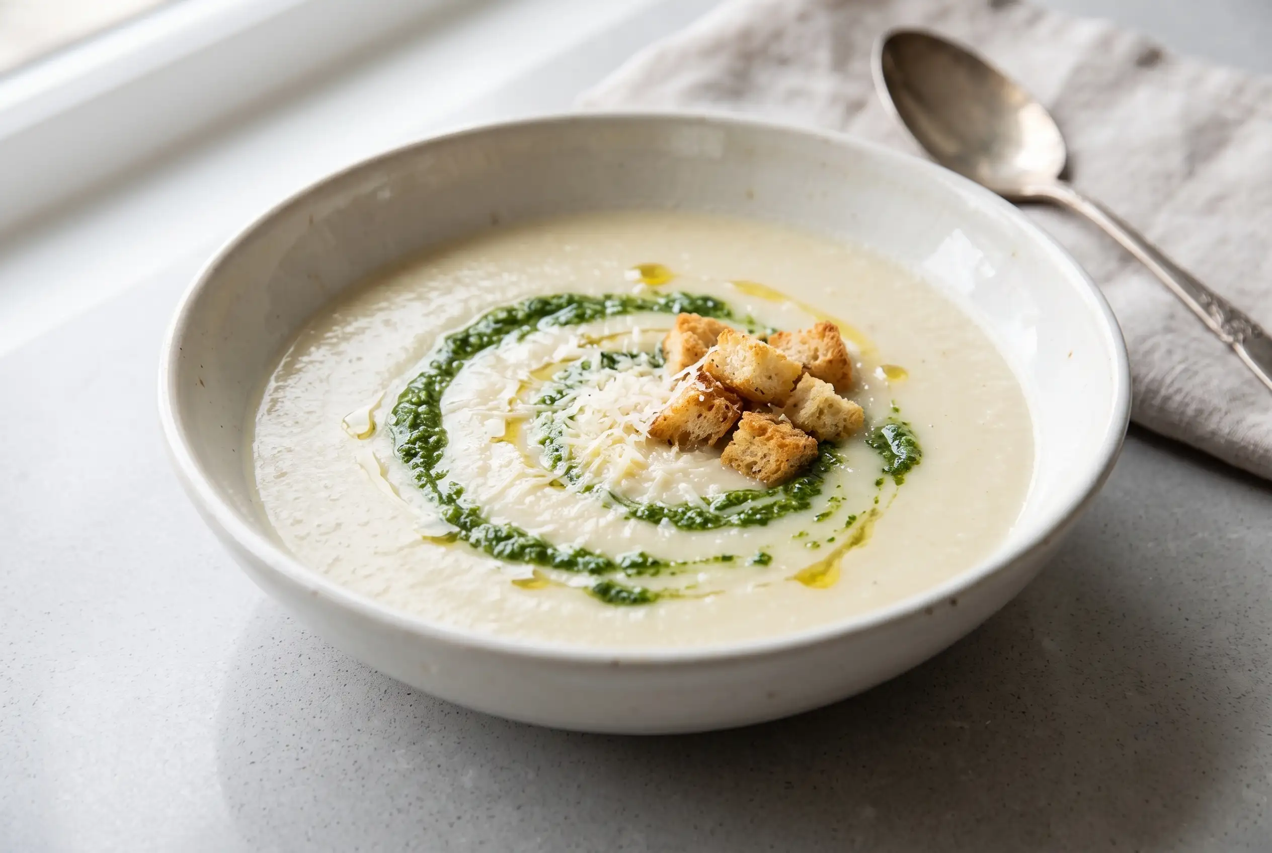 Creamy cauliflower soup topped with kale pesto, croutons, parmesan, and a truffle oil drizzle