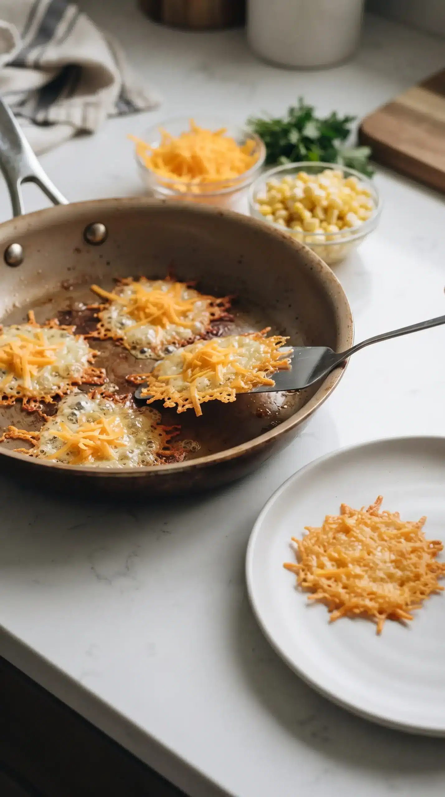 Close-up professional food photography of the cheddar cheese crisp preparation for Ang's Chicken Wraps, showing a small nonstick skillet on a clean light-colored kitchen surface with small piles of shredded cheddar melting into thin golden crispy cheese rounds around the edges. One crisp is being gently lifted from the pan with a spatula while another finished cheddar crisp rests on a simple white plate nearby. Focus on the actual cooking process and delicate crunchy texture, with natural window light, realistic home kitchen details, no finished wrap, no steam, no dramatic effects.