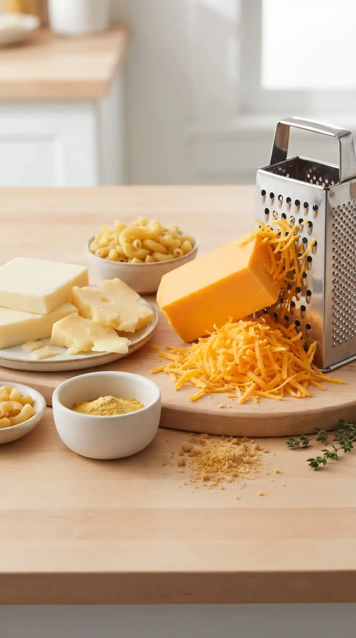 Cheddar, melting cheeses, mustard, and uncooked elbow macaroni for baked mac and cheese