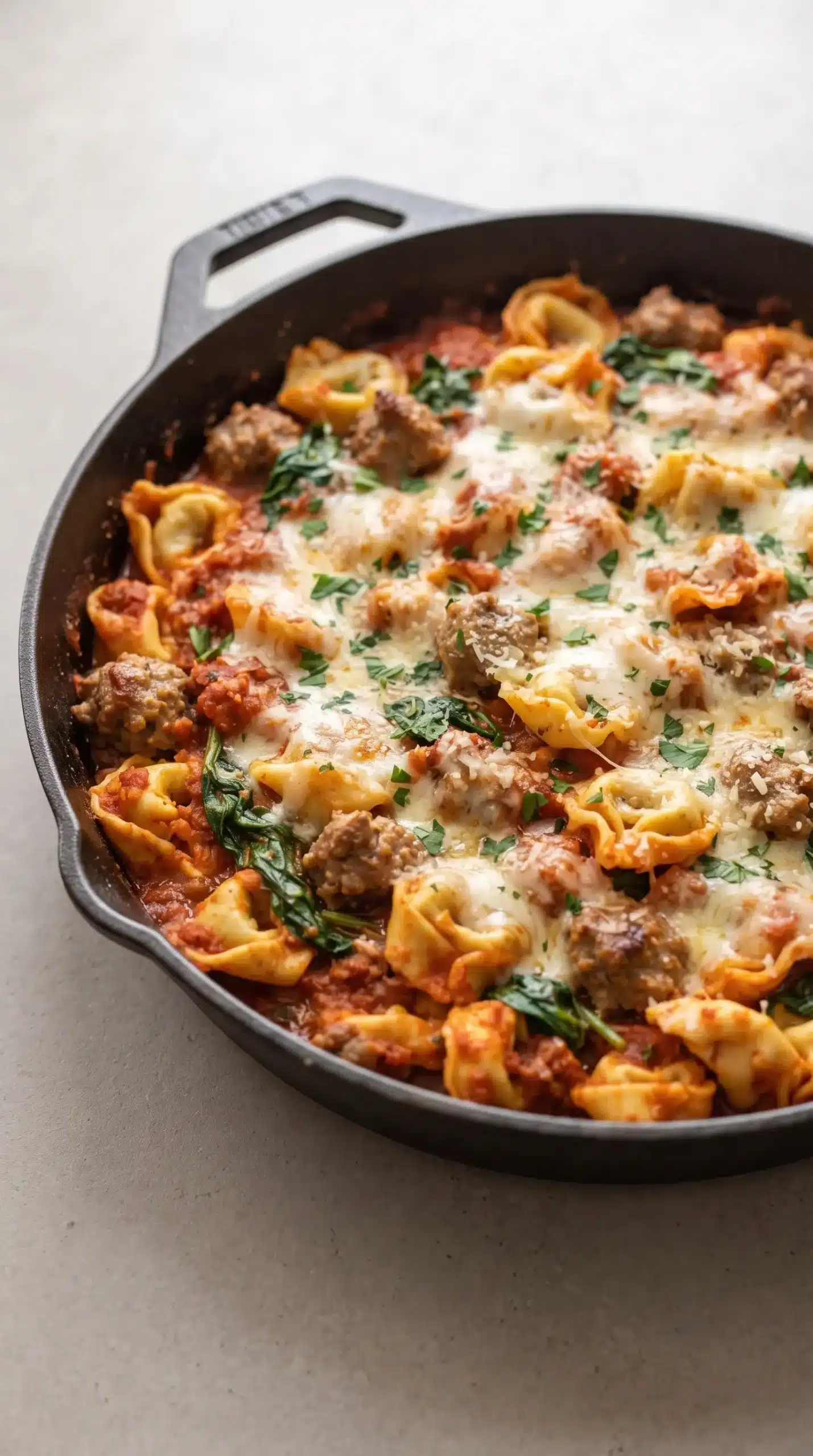 Cheesy baked tortellini with sausage, tomato sauce, mozzarella, Parmesan, and parsley in a skillet