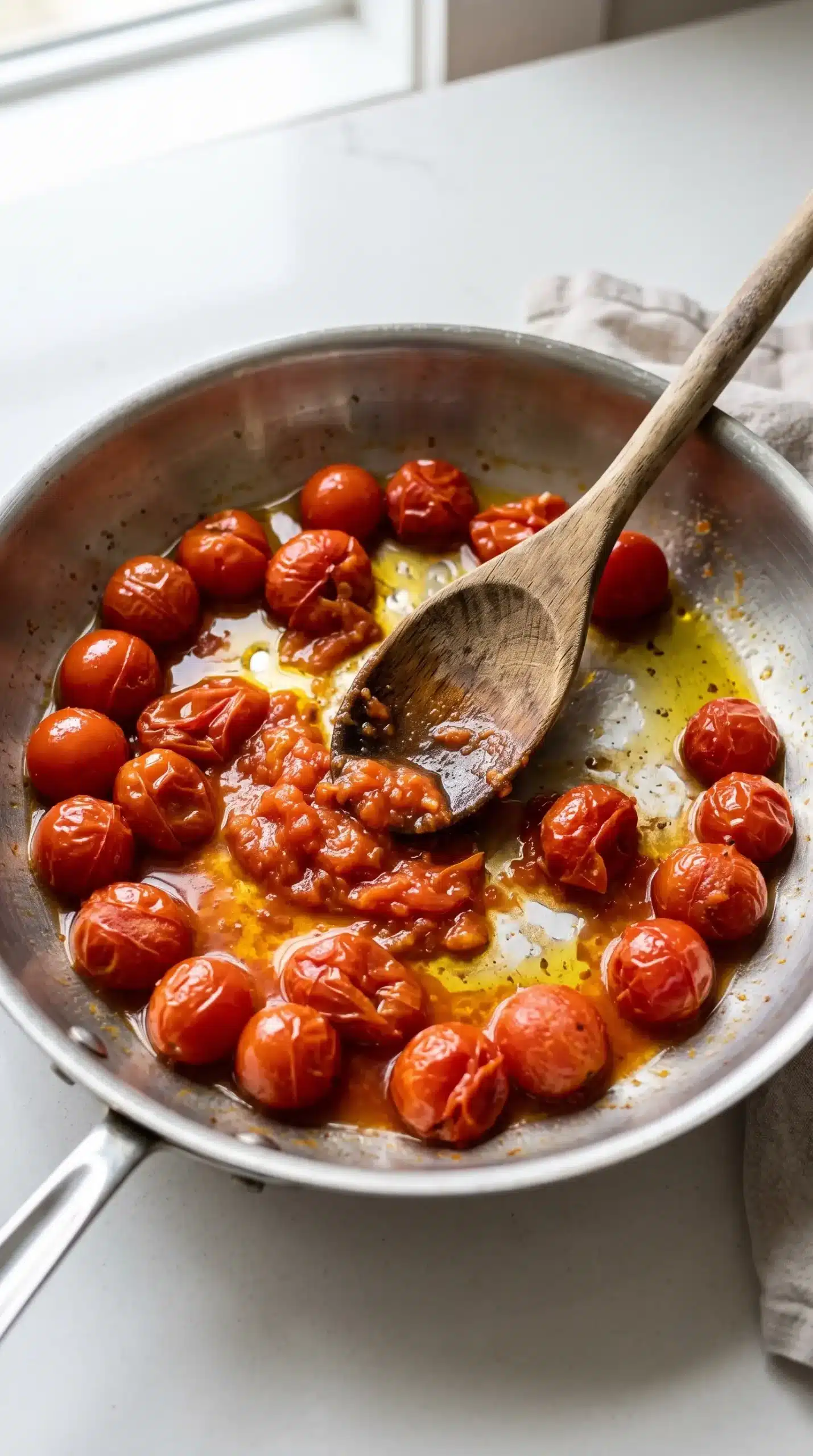 Cherry tomatoes softening in a skillet to create burst tomato pasta sauce