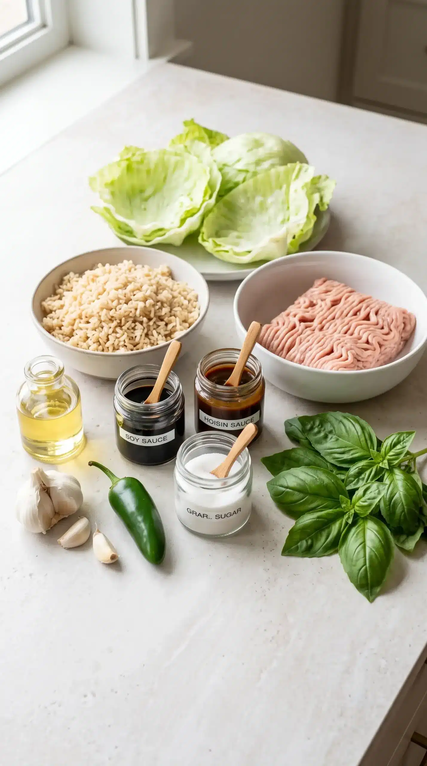 Ingredients for basil chicken lettuce wraps with lettuce, brown rice, chicken, and fresh basil
