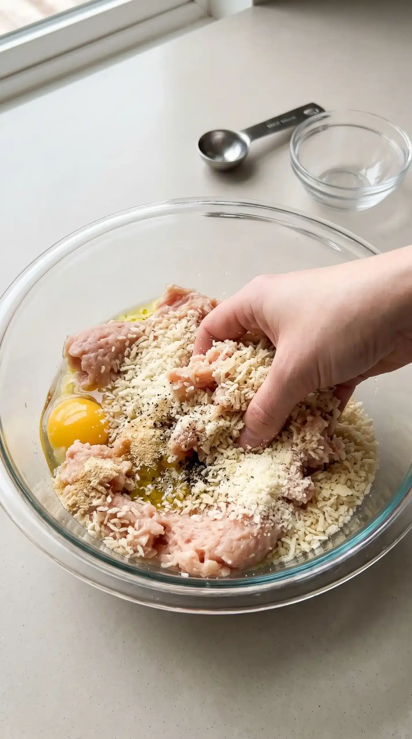 Seasoned chicken meatball mixture with panko breadcrumbs and Parmesan in a mixing bowl