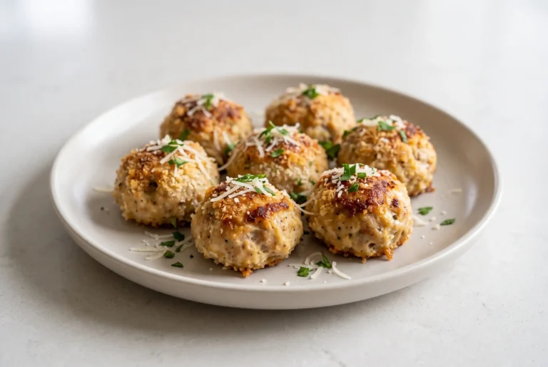 Chicken meatballs with Parmesan and panko breadcrumbs on a plate with golden baked surfaces