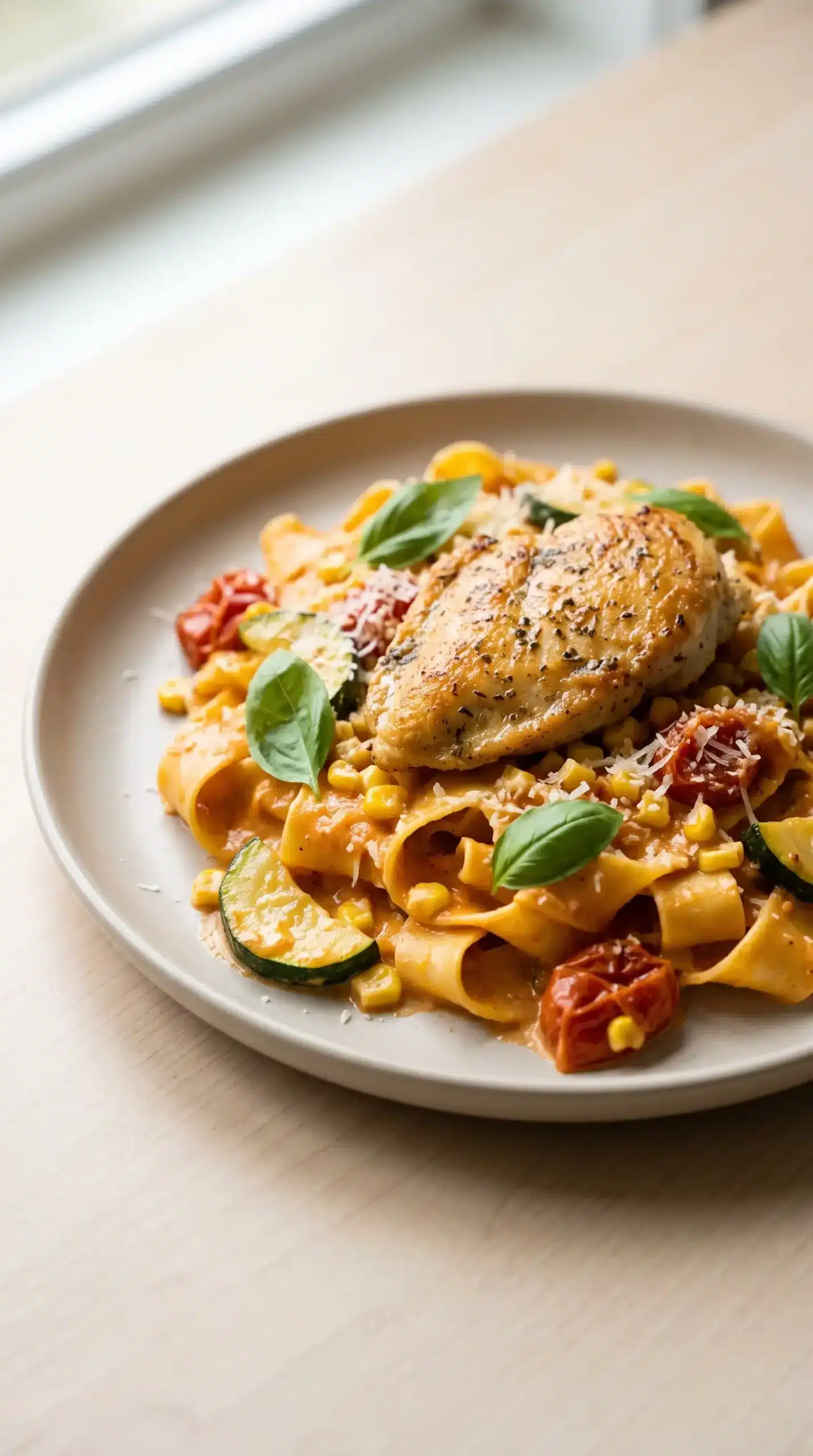 Finished pappardelle with zucchini, chicken, cherry tomatoes, Parmesan, and basil