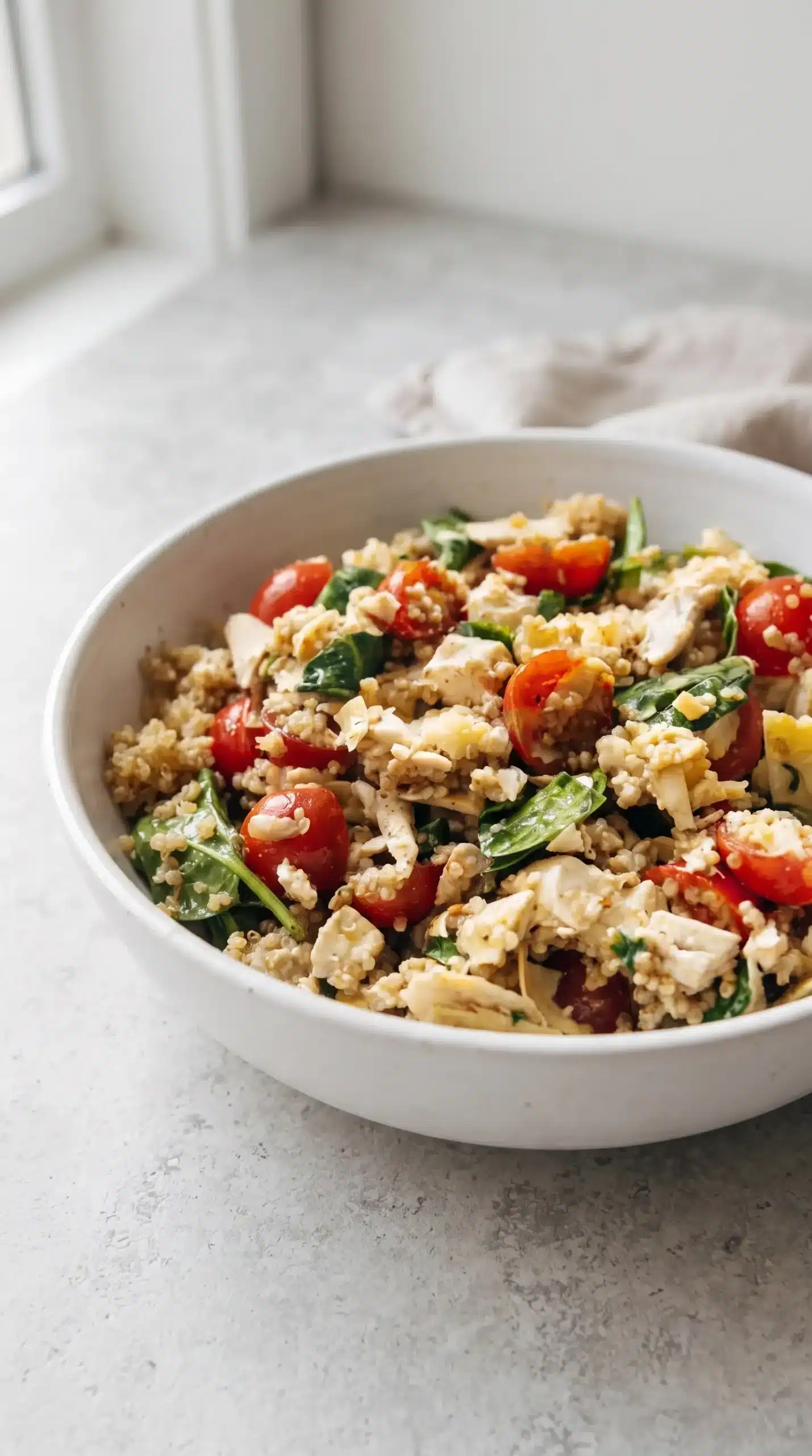 Chicken quinoa salad bowl with shredded chicken, cherry tomatoes, artichokes, quinoa, and spinach