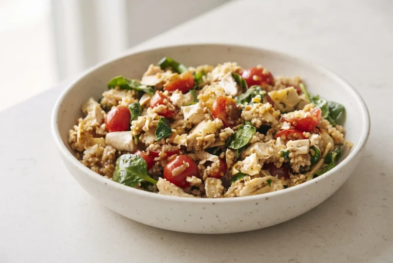 Chicken quinoa salad with shredded chicken, quinoa, tomatoes, artichokes, and fresh greens
