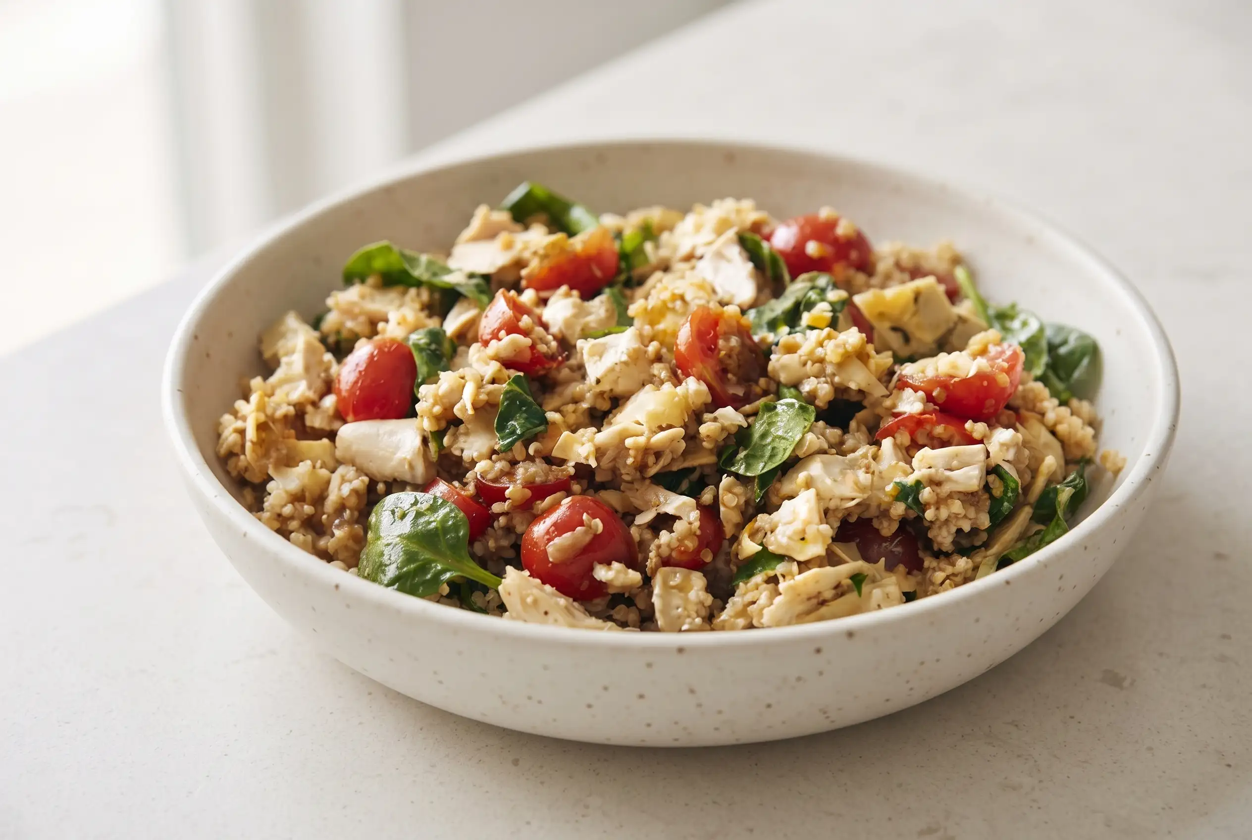 Chicken quinoa salad with shredded chicken, quinoa, tomatoes, artichokes, and fresh greens