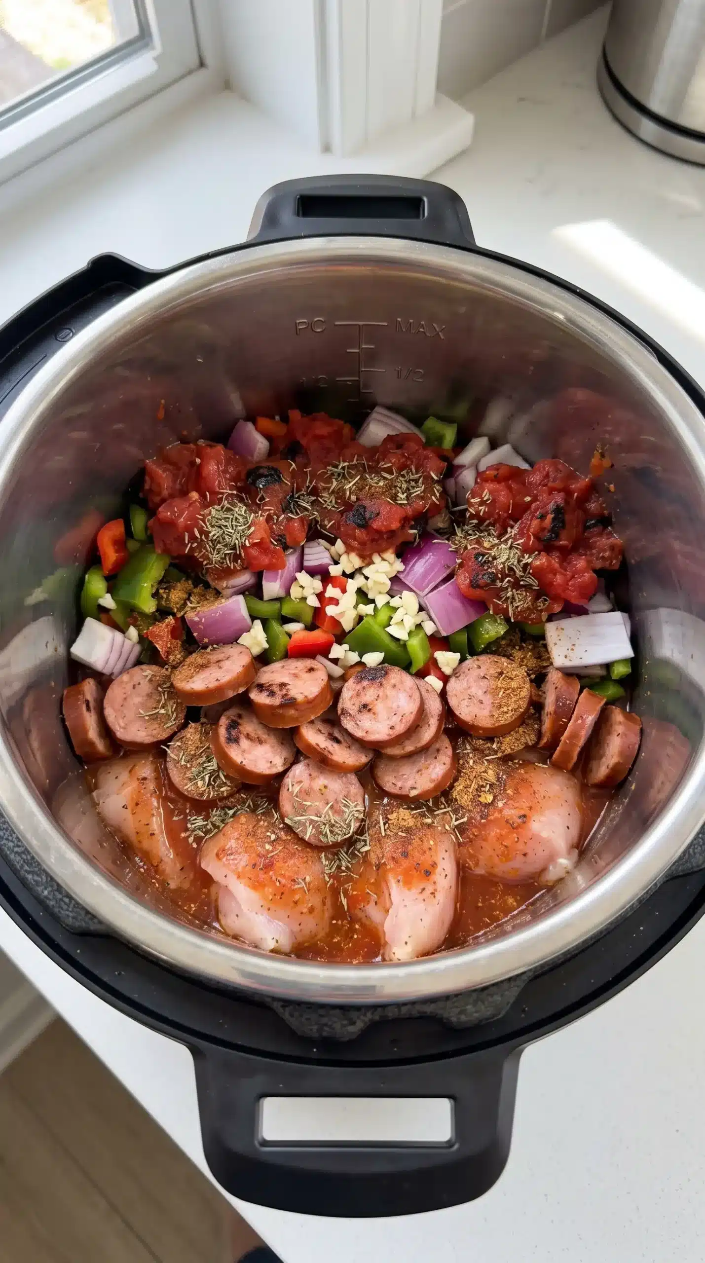 Chicken, Andouille sausage, peppers, onion, garlic, and tomato sauce layered in an Instant Pot