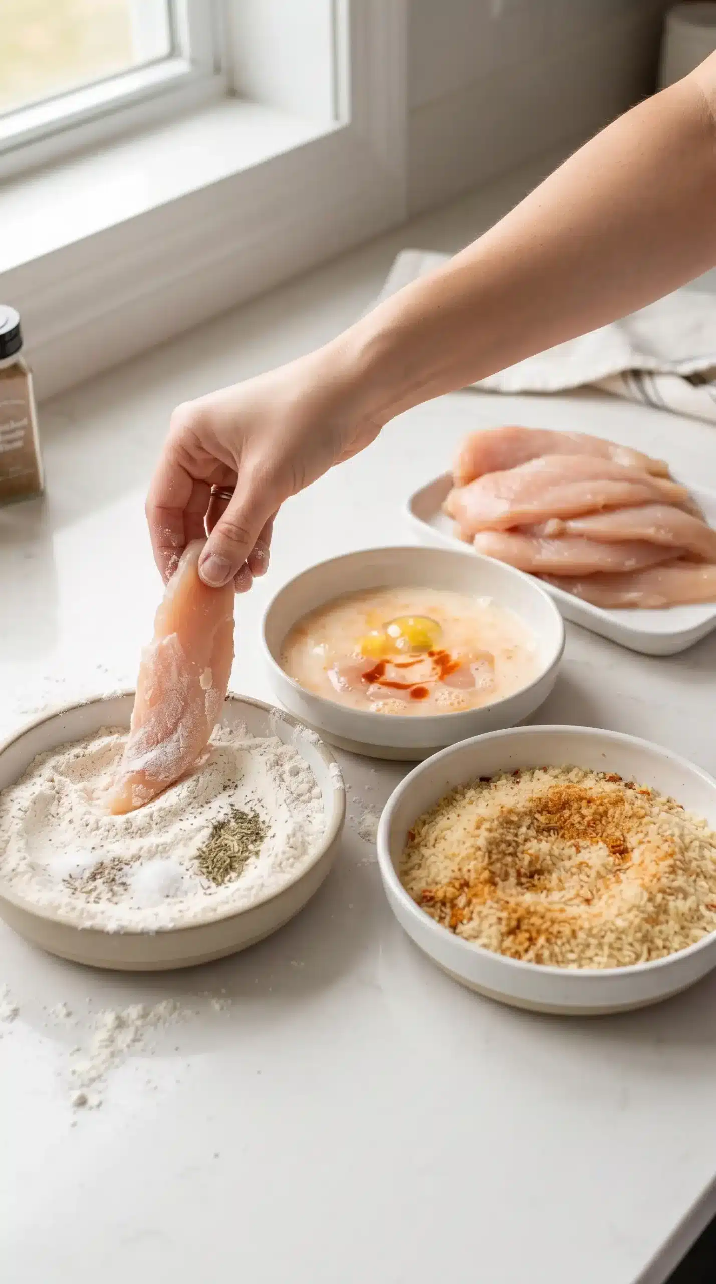 Breaded chicken tender preparation station with chicken, seasoned flour, egg mixture, and breadcrumbs
