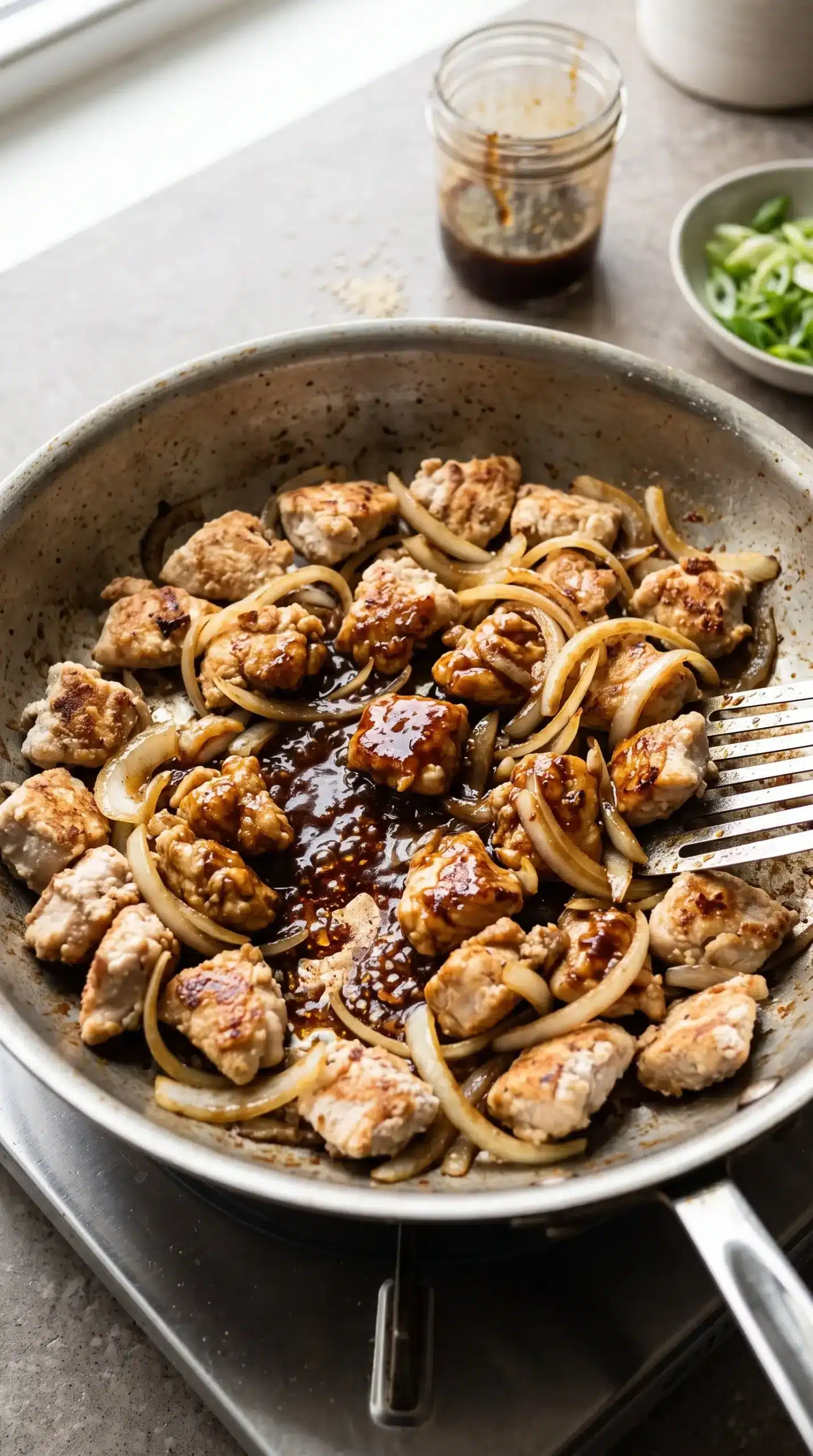 Chicken and onions browning in a skillet before adding mango teriyaki sauce