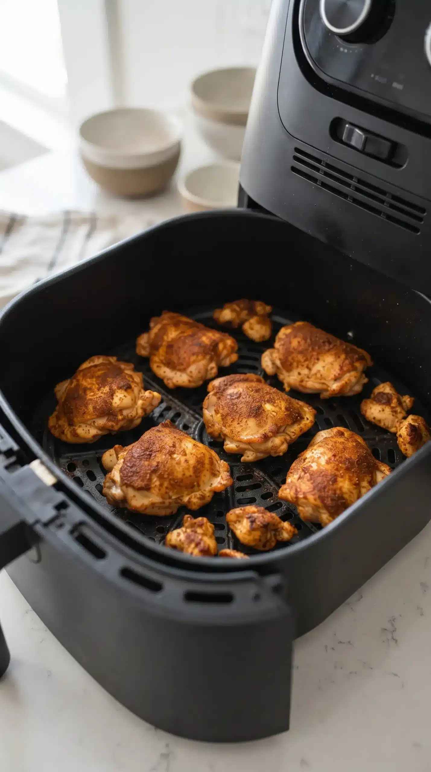 Seasoned chicken thighs cooking in an air fryer basket