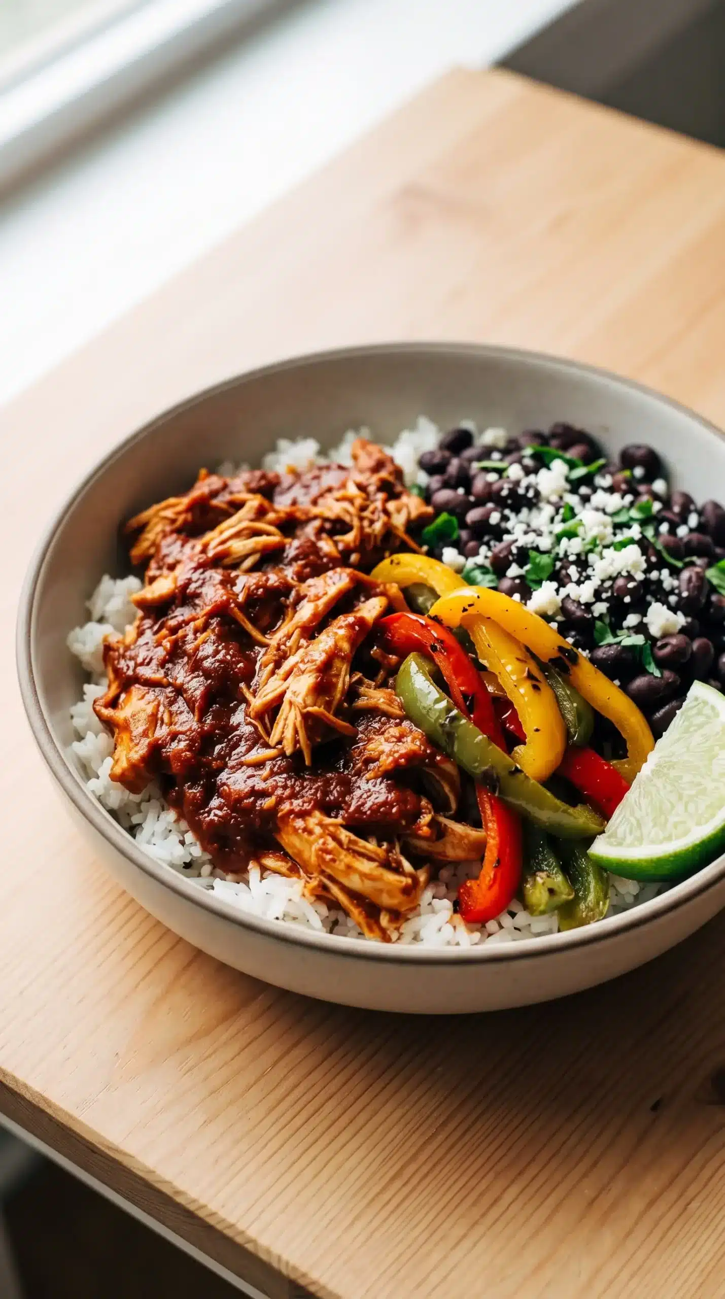 Finished chicken tinga bowl with saucy shredded chicken, peppers, rice, and beans