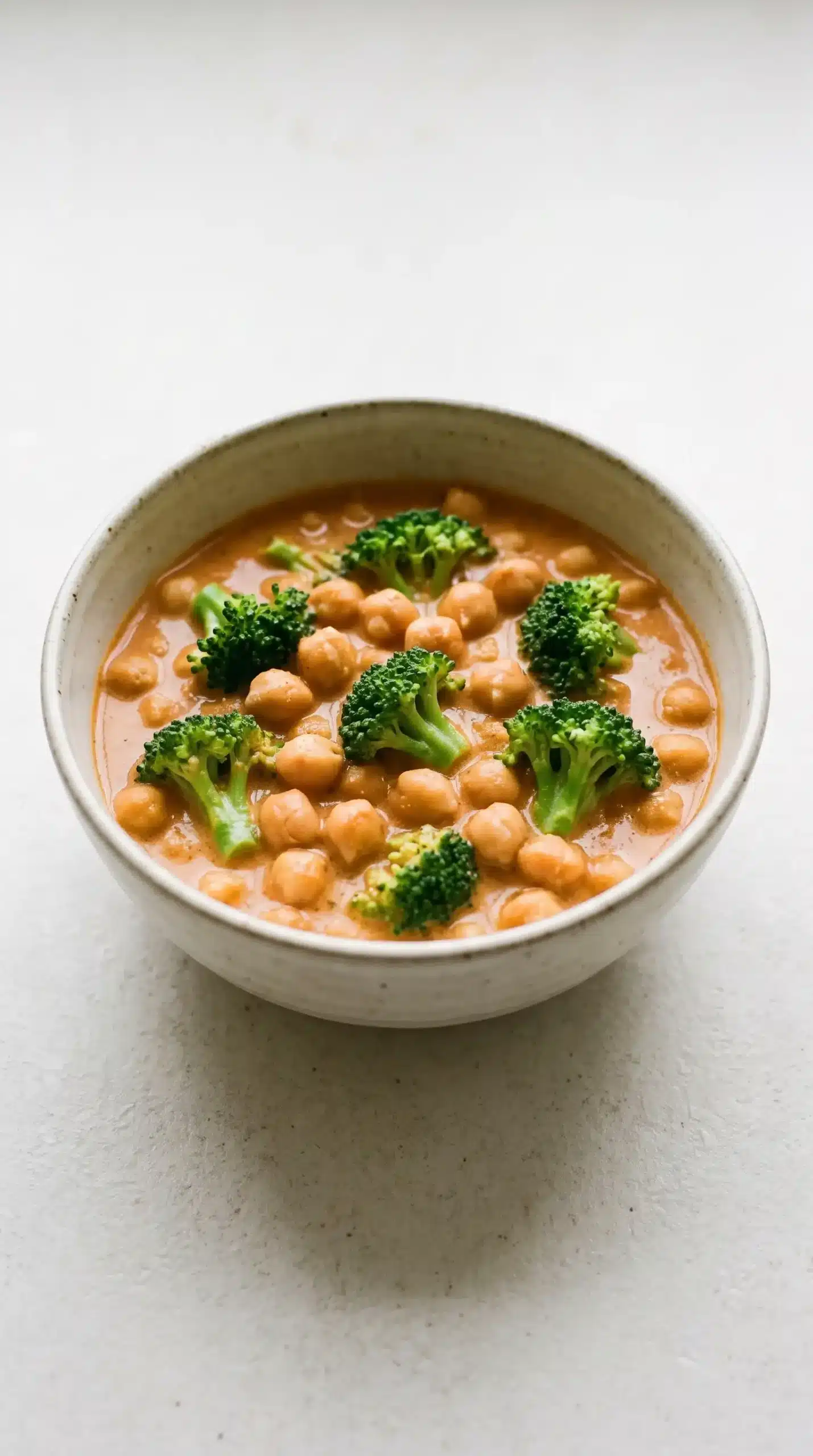 Serving bowl of creamy chickpea coconut curry with broccoli and vegetables