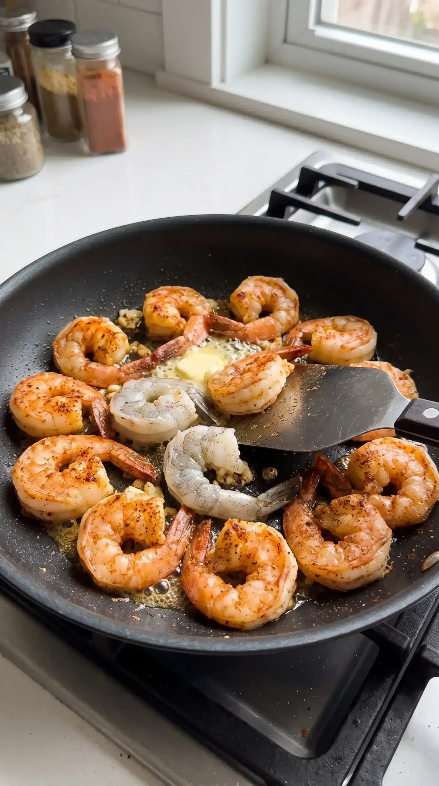 Chili-cumin shrimp cooking in a skillet until opaque and lightly golden