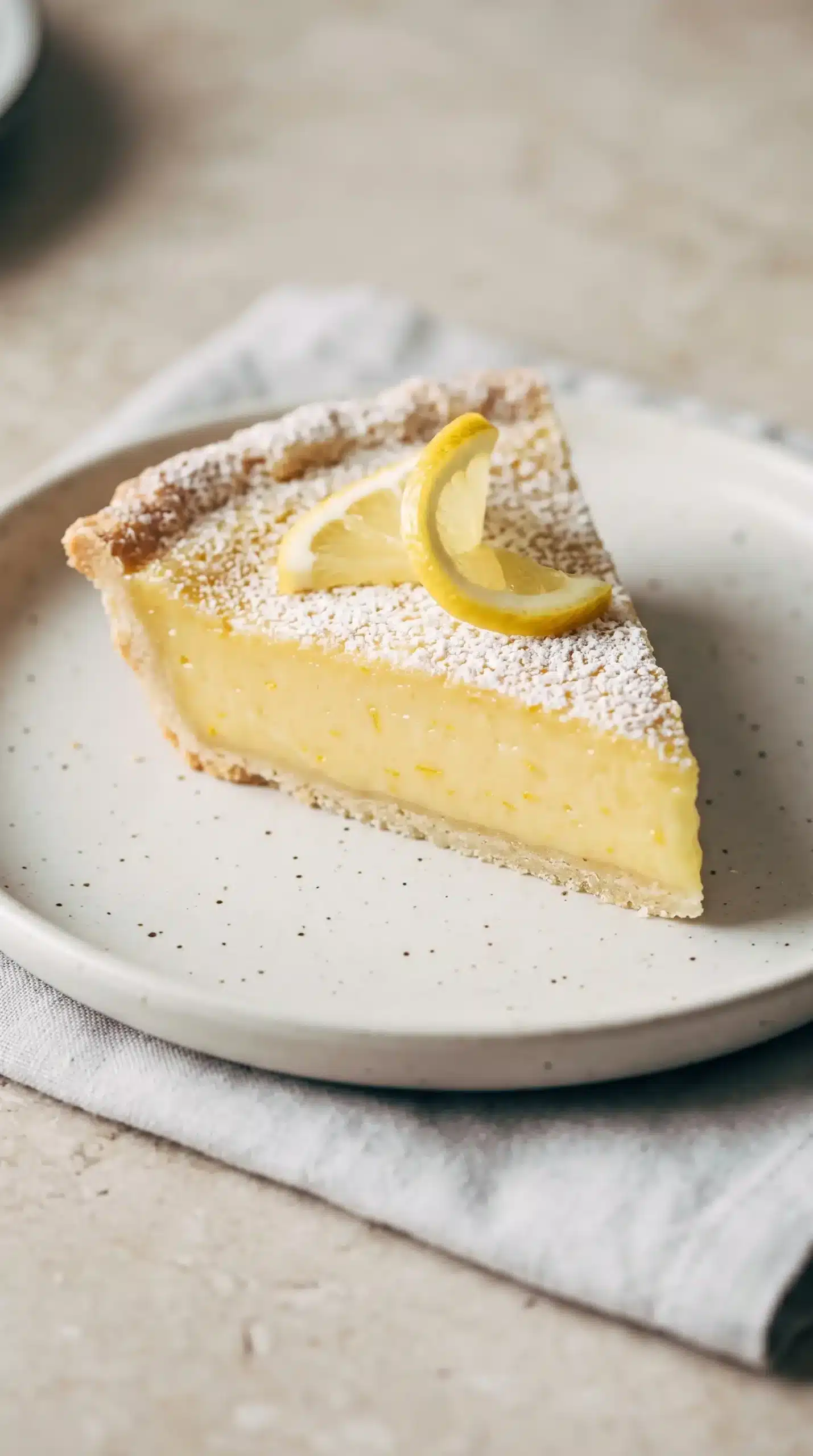 Chilled blender lemon pie slice with creamy custard filling, lemon flecks, and powdered sugar