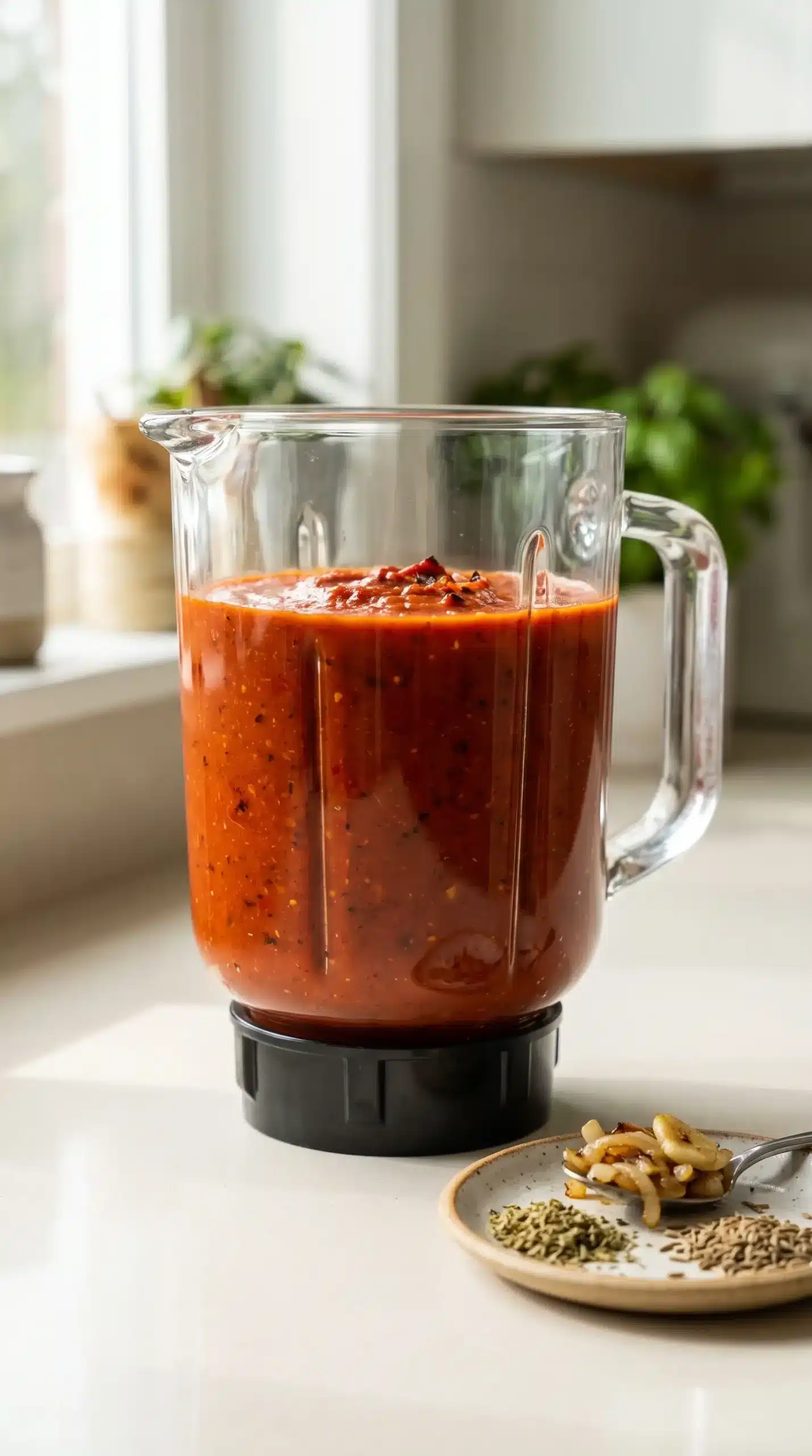 Blender jar filled with smooth chipotle tomato sauce for chicken tinga bowls