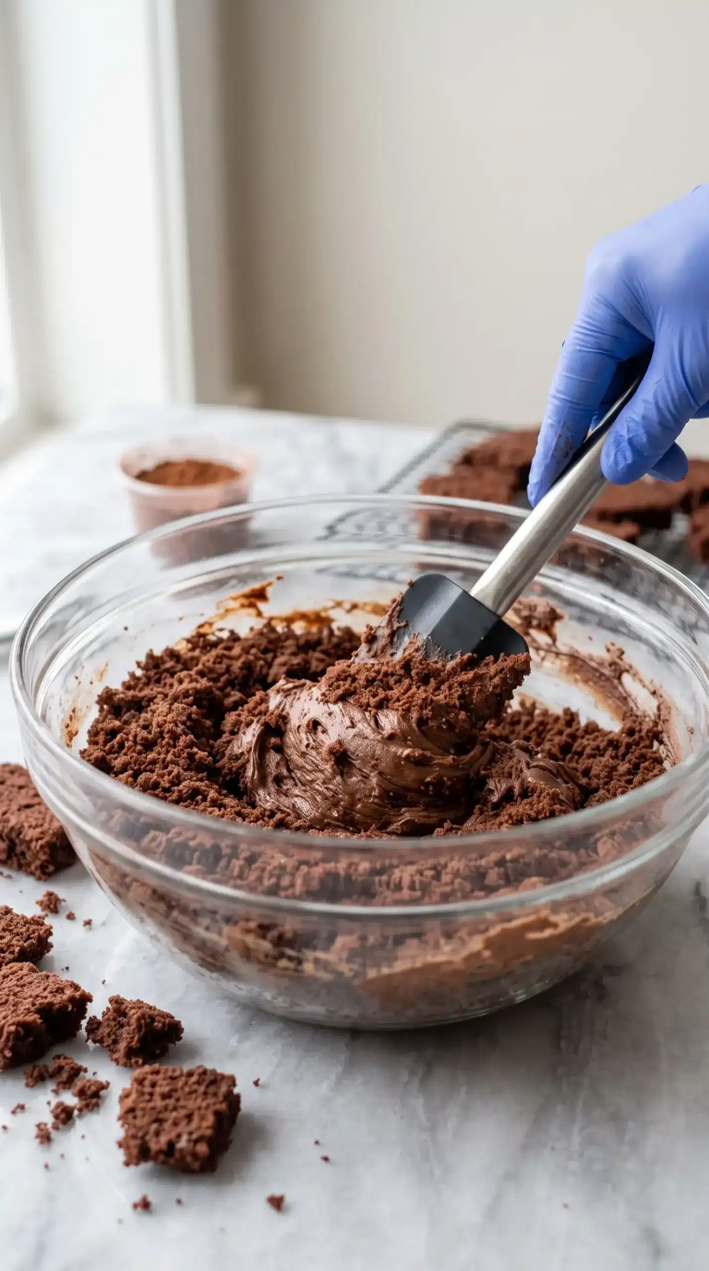 Chocolate cake crumbs and frosting mixed in a bowl for peppermint cake bites