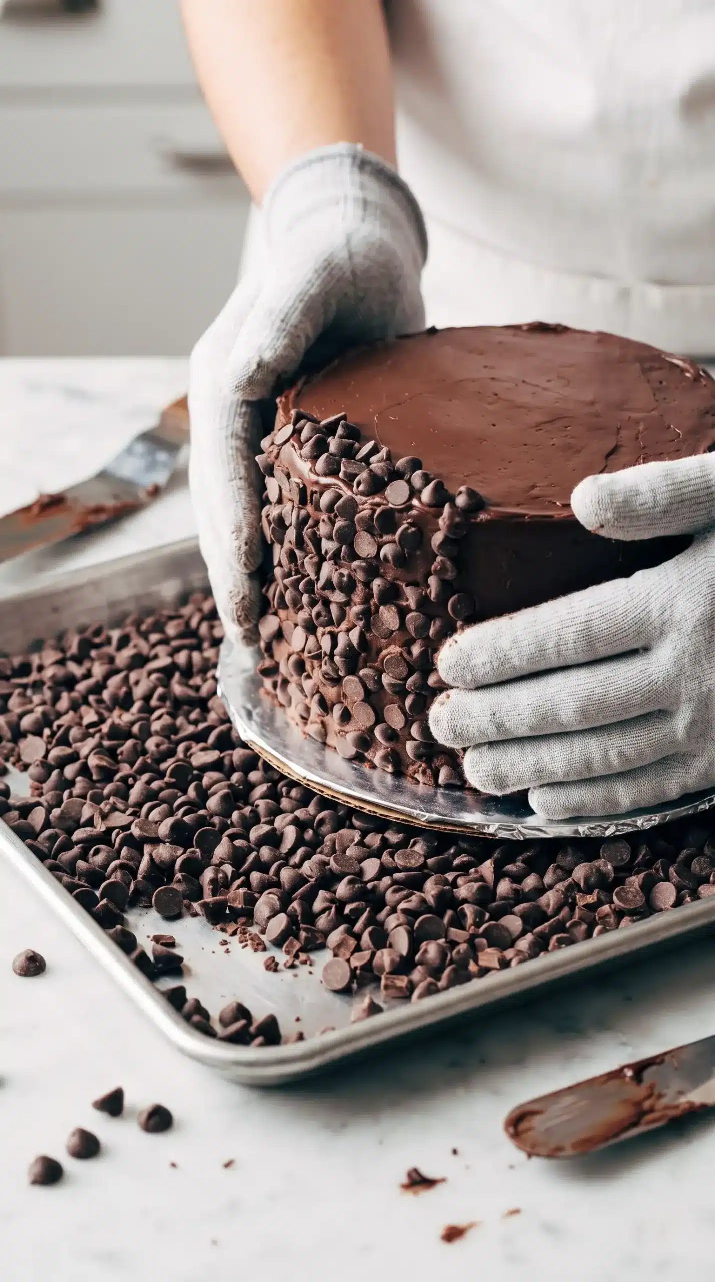 Frosted chocolate cake being coated with chocolate chips