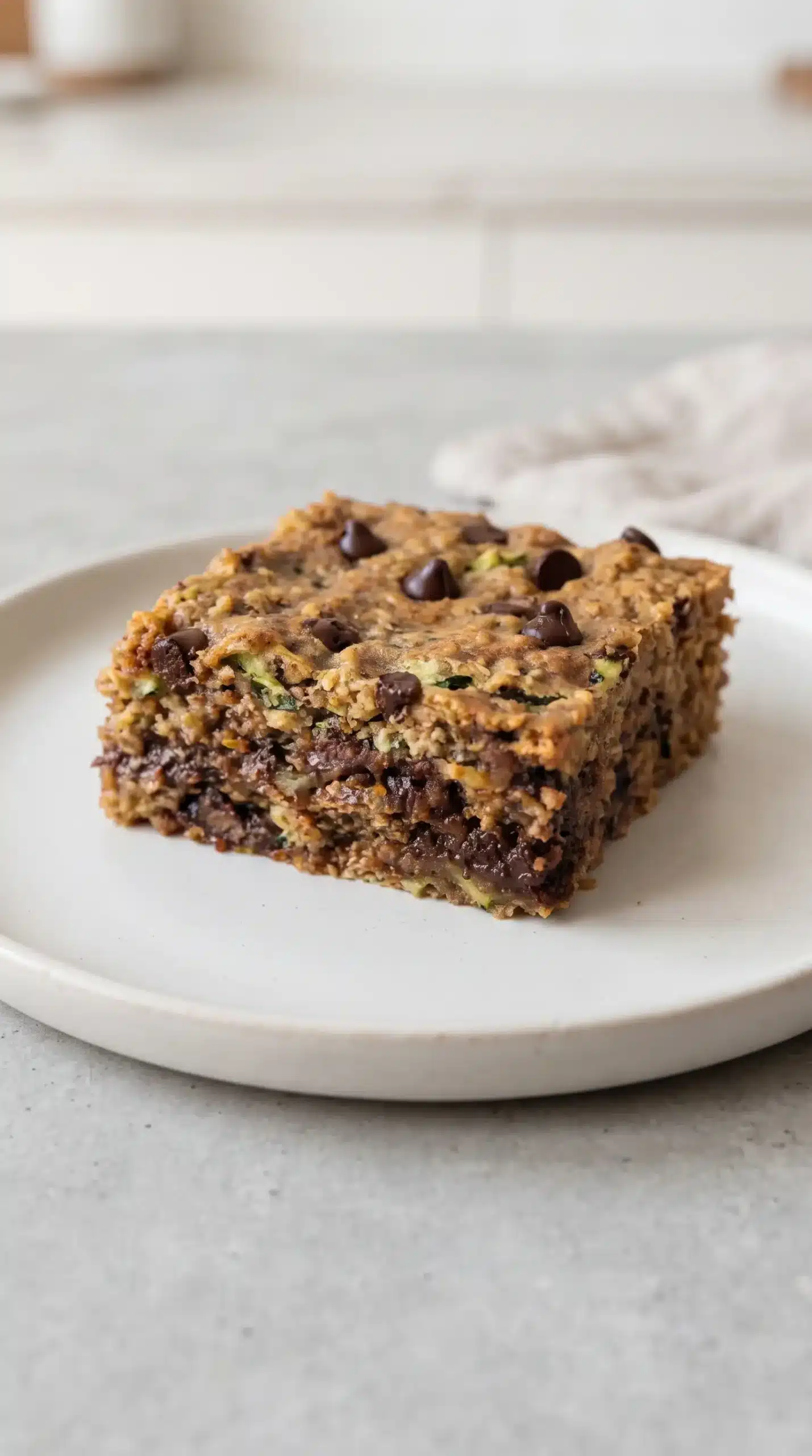 Single almond butter zucchini bar with oats, zucchini, and chocolate chips
