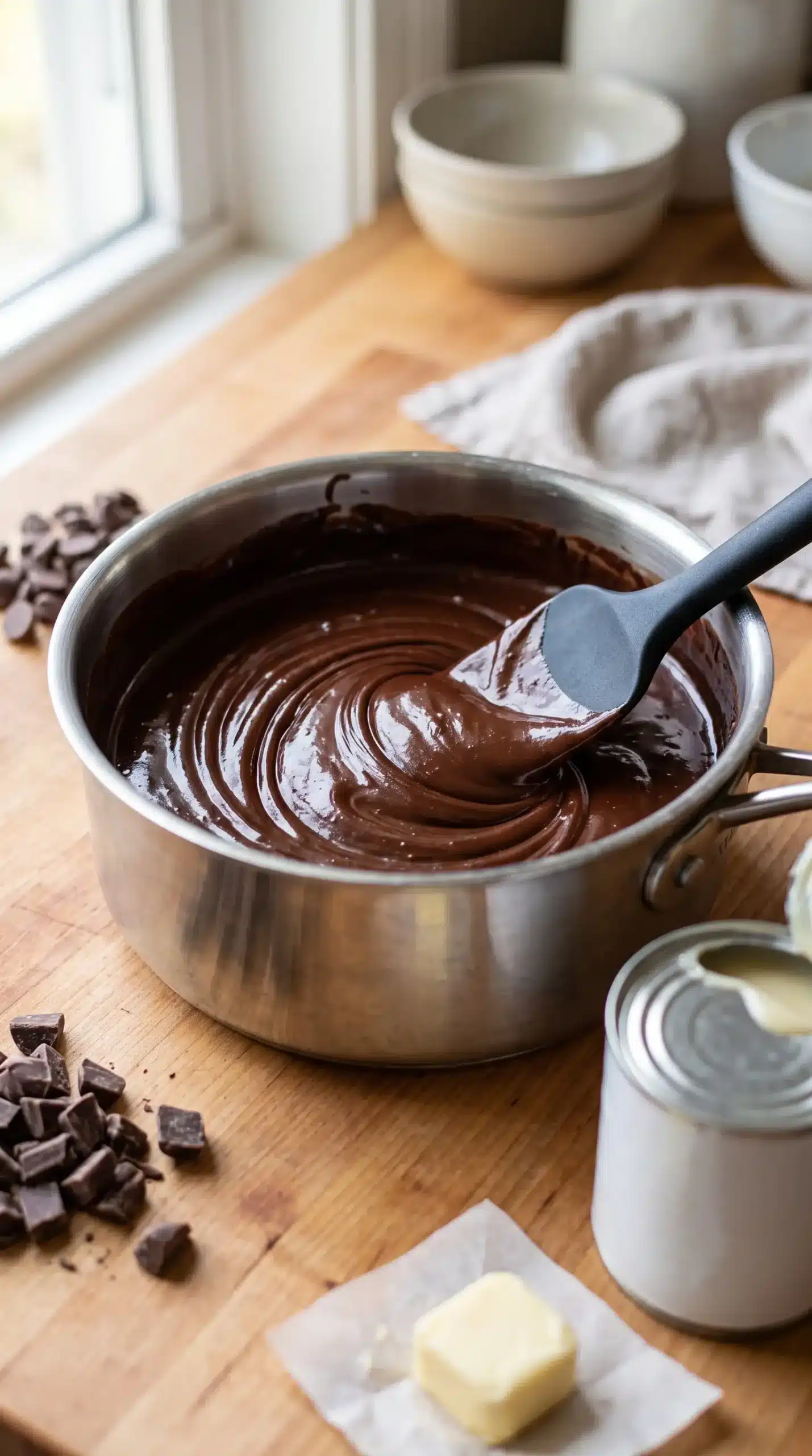 Chocolate fudge filling for candy fudge bars being stirred in a saucepan