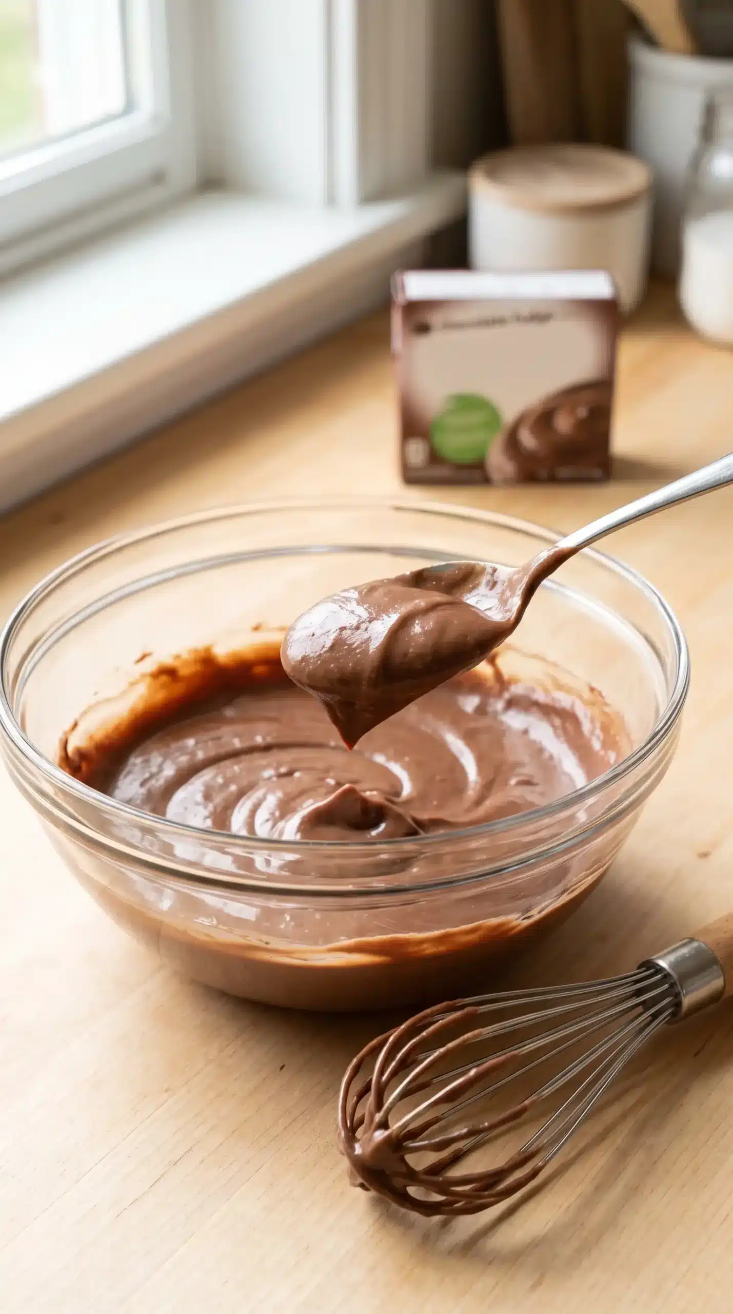 Bowl of smooth chocolate fudge pudding being prepared for a brownie fudge trifle