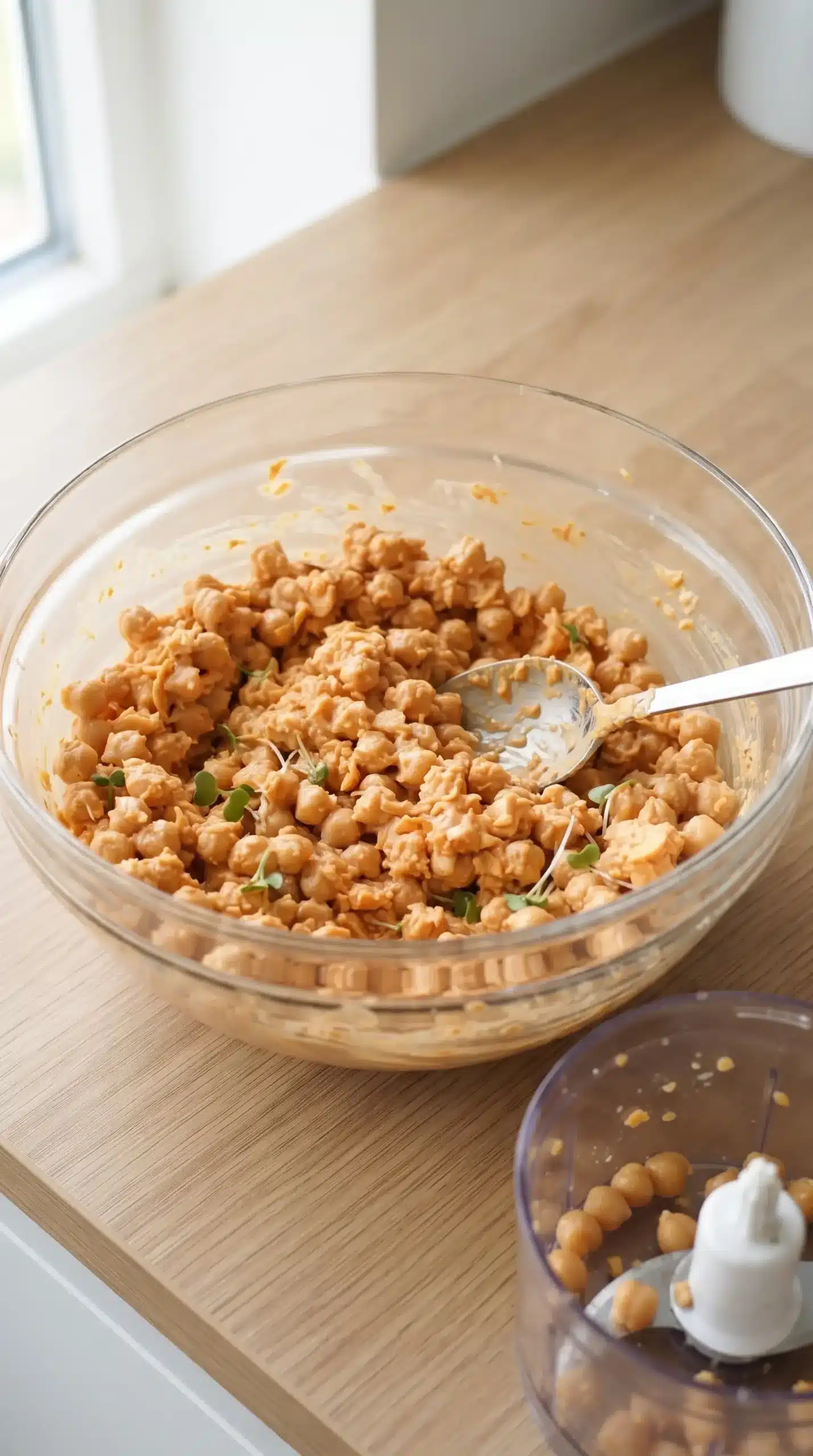 Chunky spicy chickpea salad mixture with creamy sriracha mayo texture in a bowl