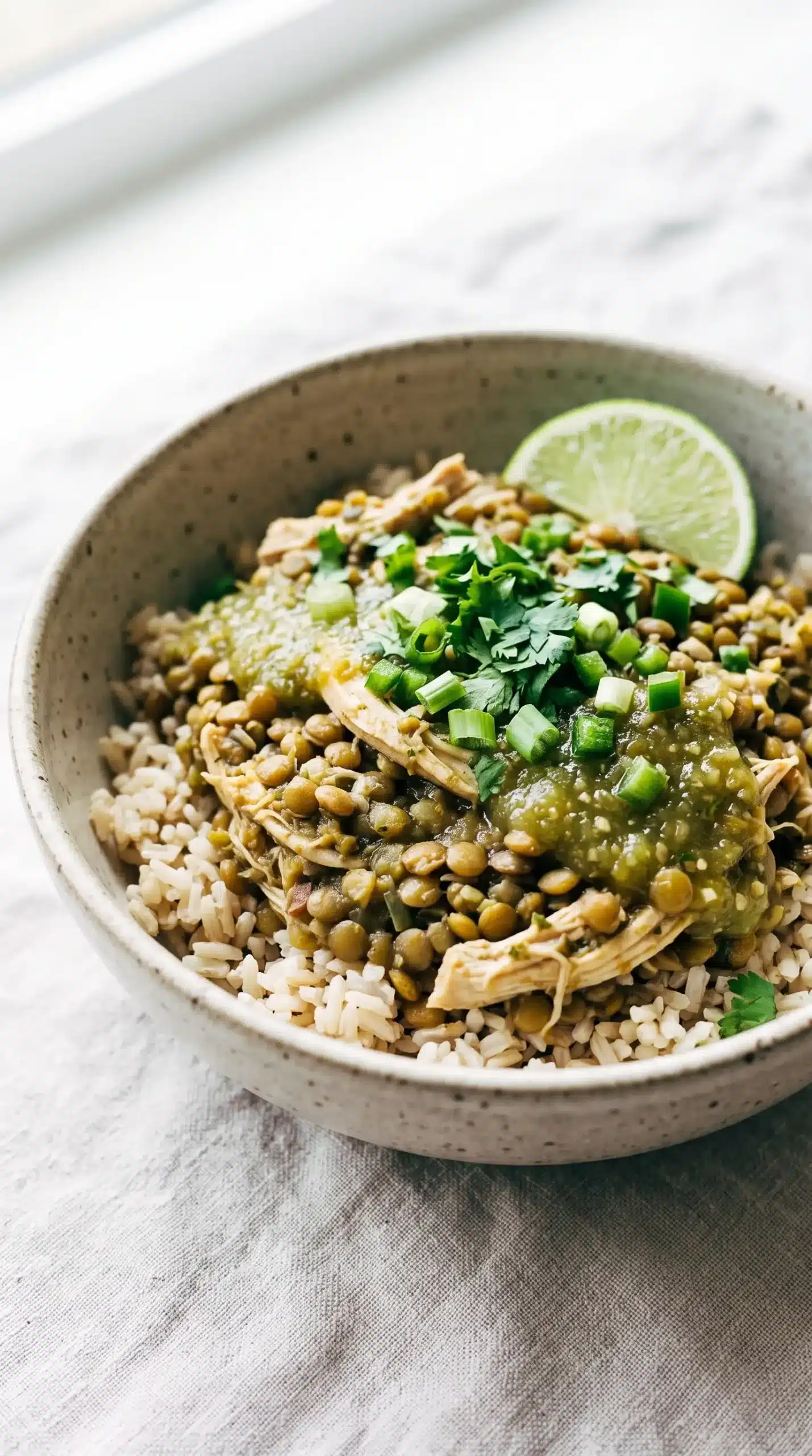 Cilantro lime chicken bowl with lentils, rice, salsa verde, and fresh toppings