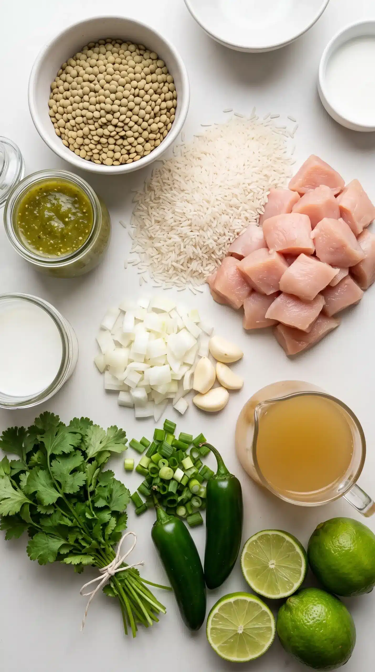 Ingredients for cilantro lime chicken bowls with lentils, rice, salsa verde, and lime