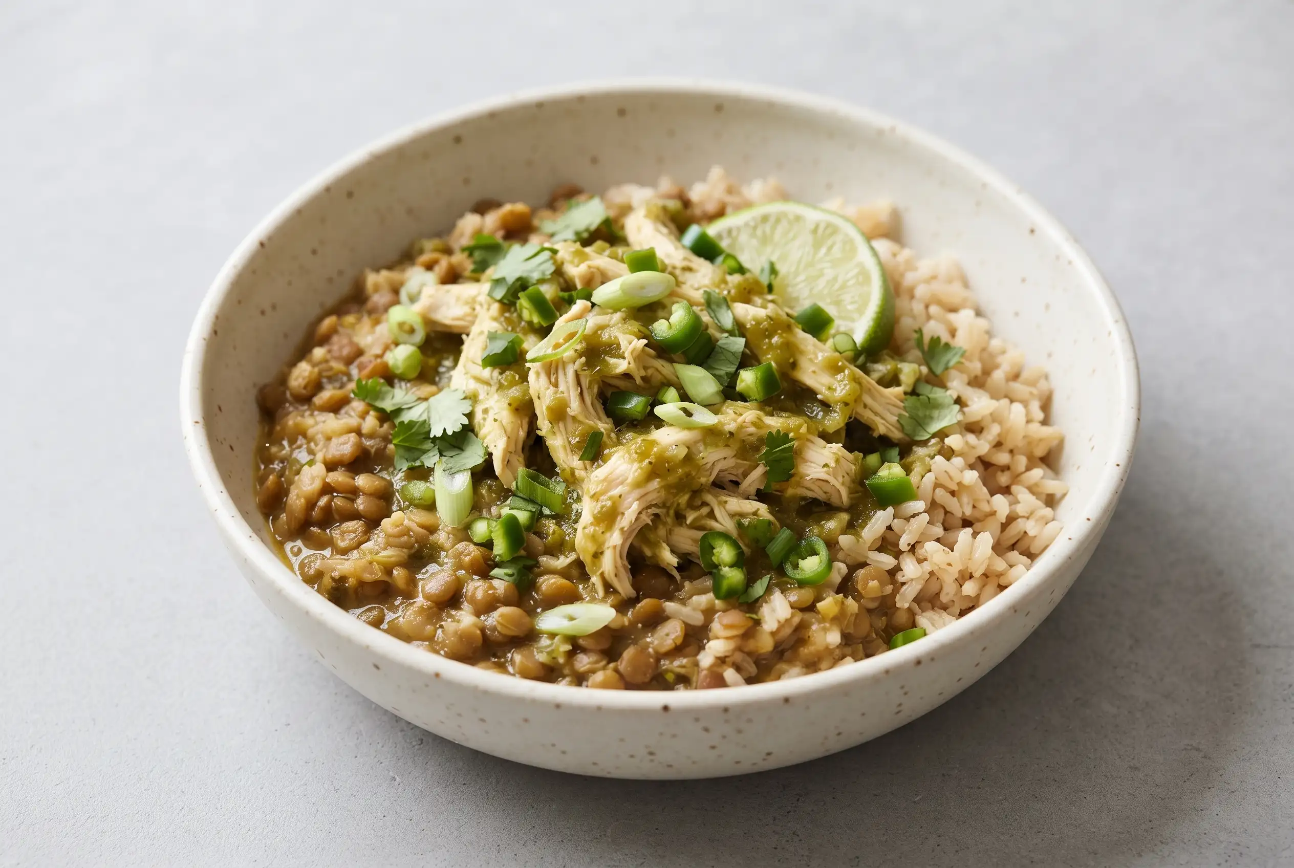 Cilantro lime chicken bowl with lentil rice, salsa verde, cilantro, and lime
