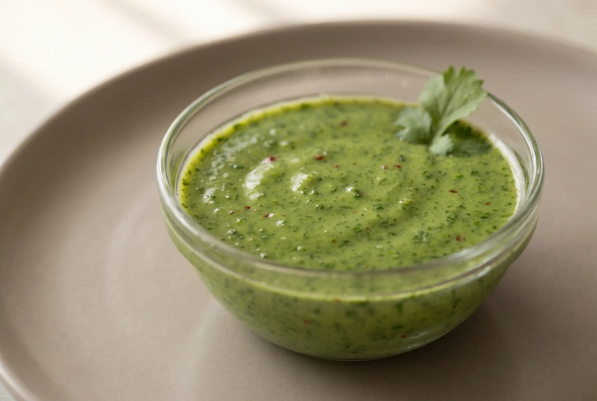 Cilantro vinaigrette in a glass bowl with a smooth green texture and fresh herb flecks