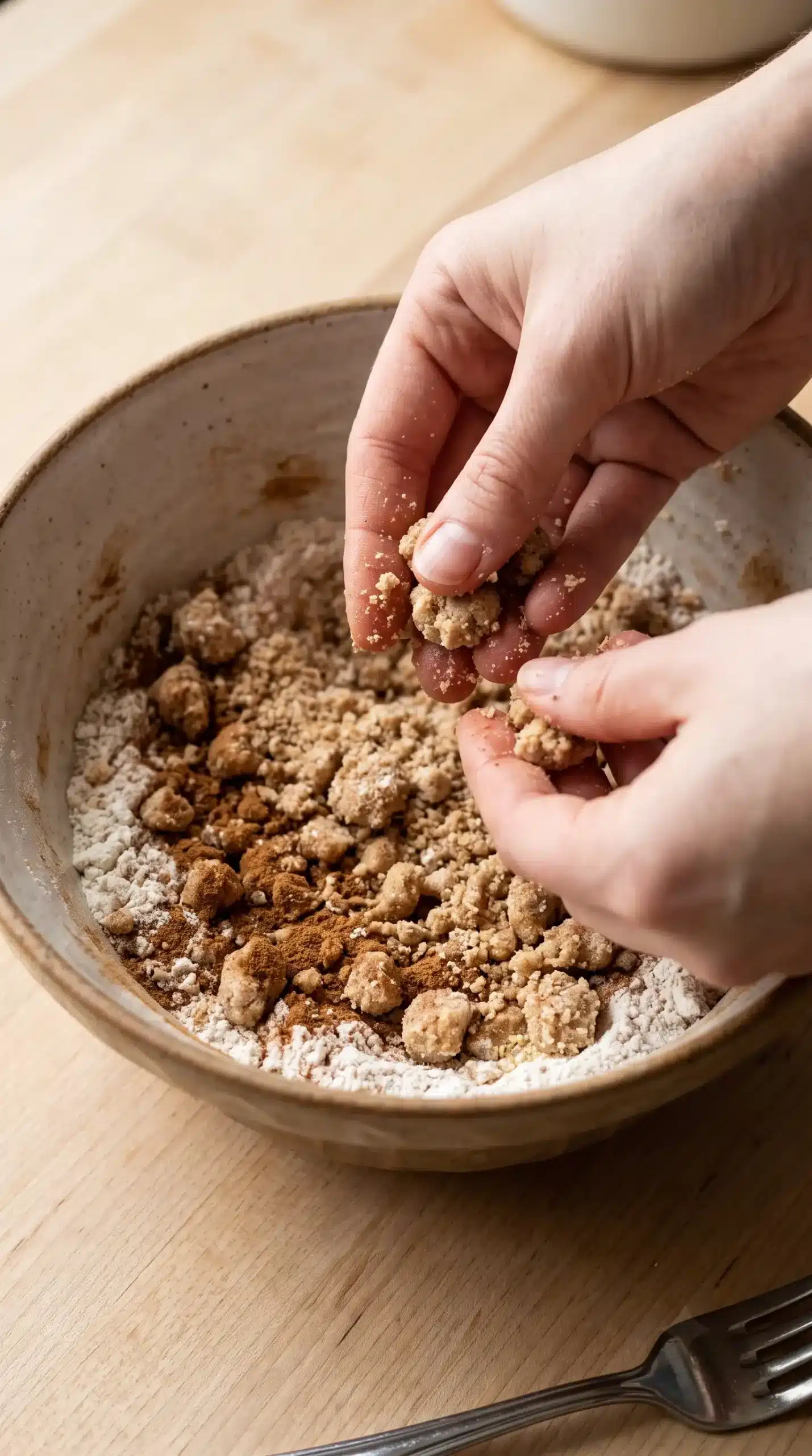 Bowl of crumbly cinnamon streusel mixture being prepared for coffee cake topping