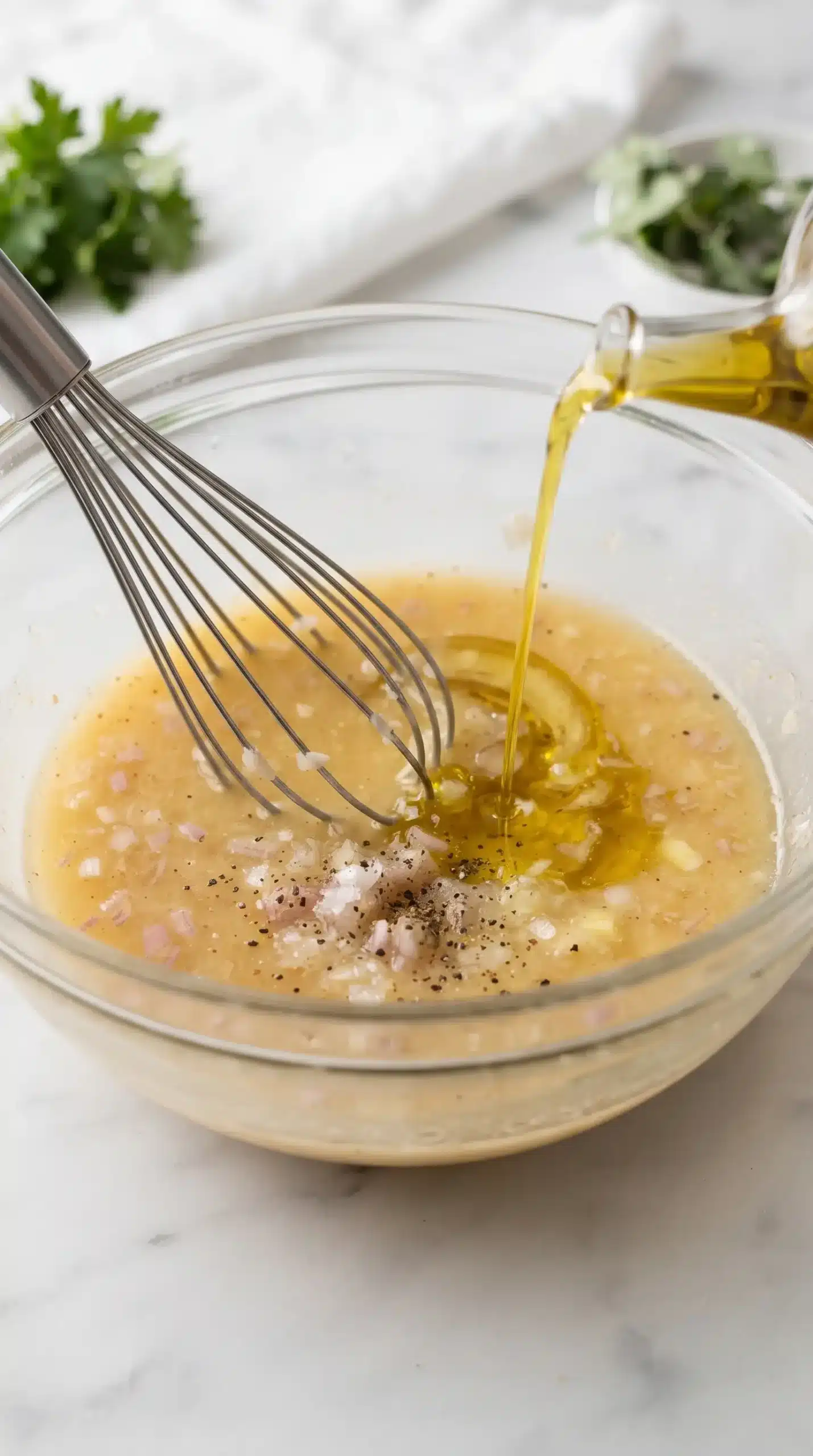 Citrus dressing being whisked with lemon, orange juice, olive oil, and shallot