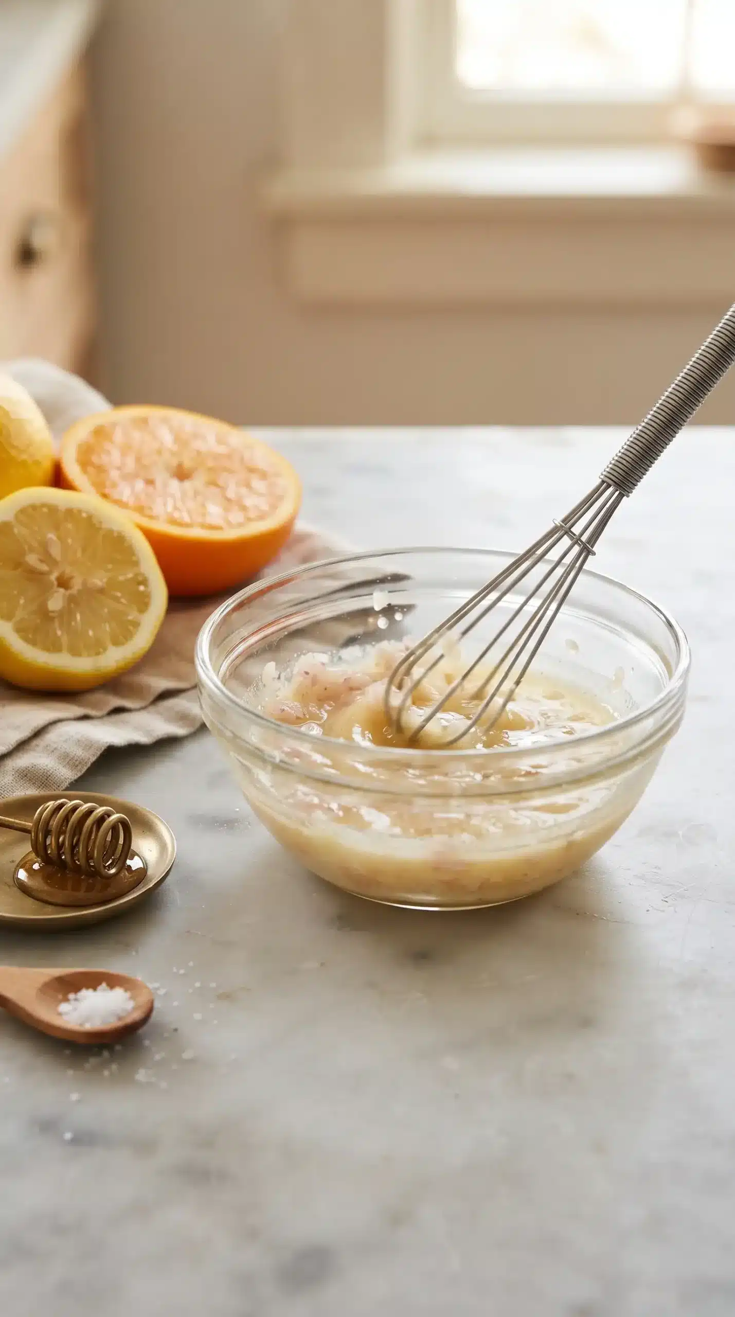 Citrus dressing with lemon, orange, shallots, and olive oil being whisked