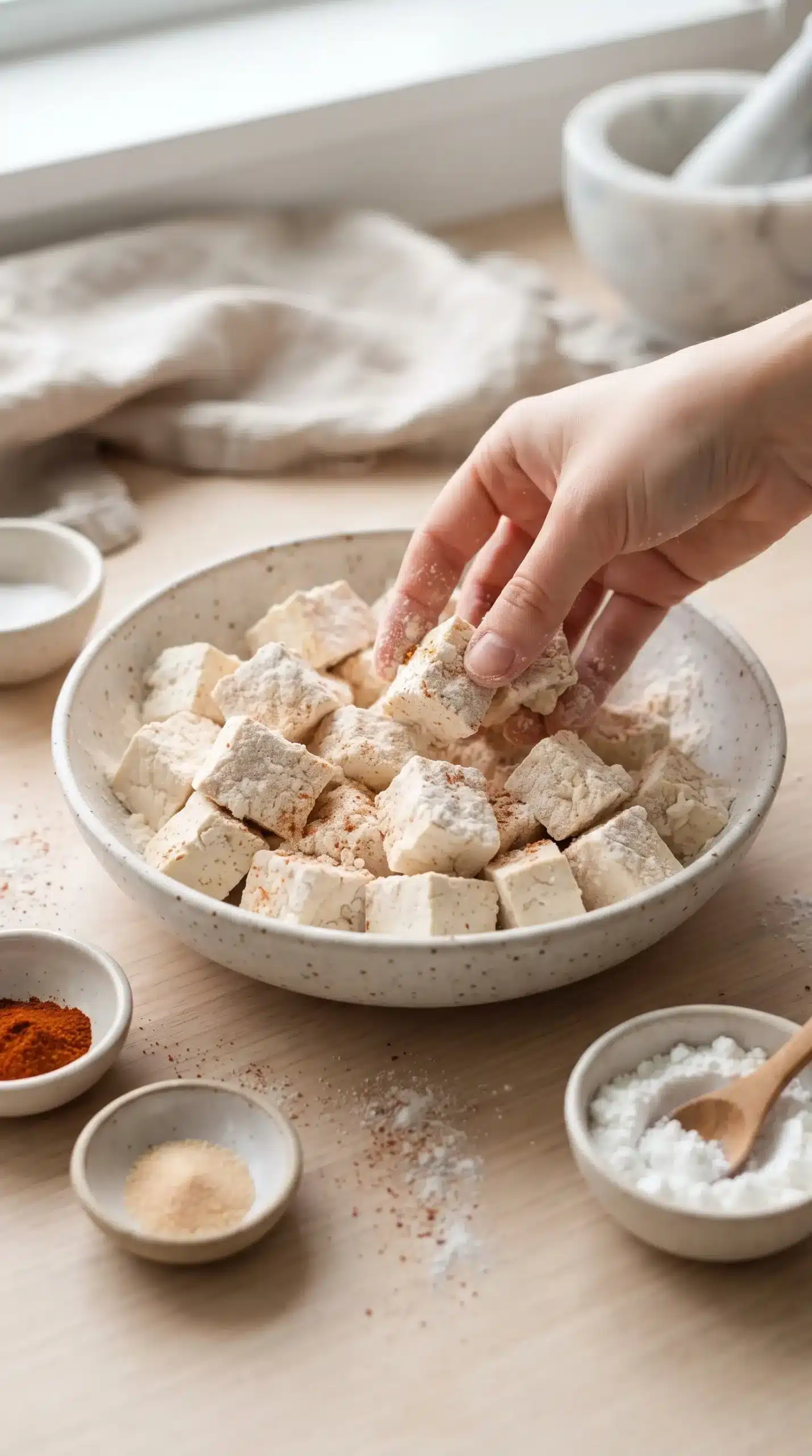Extra firm tofu chunks coated with cornstarch and seasonings for bang bang tofu