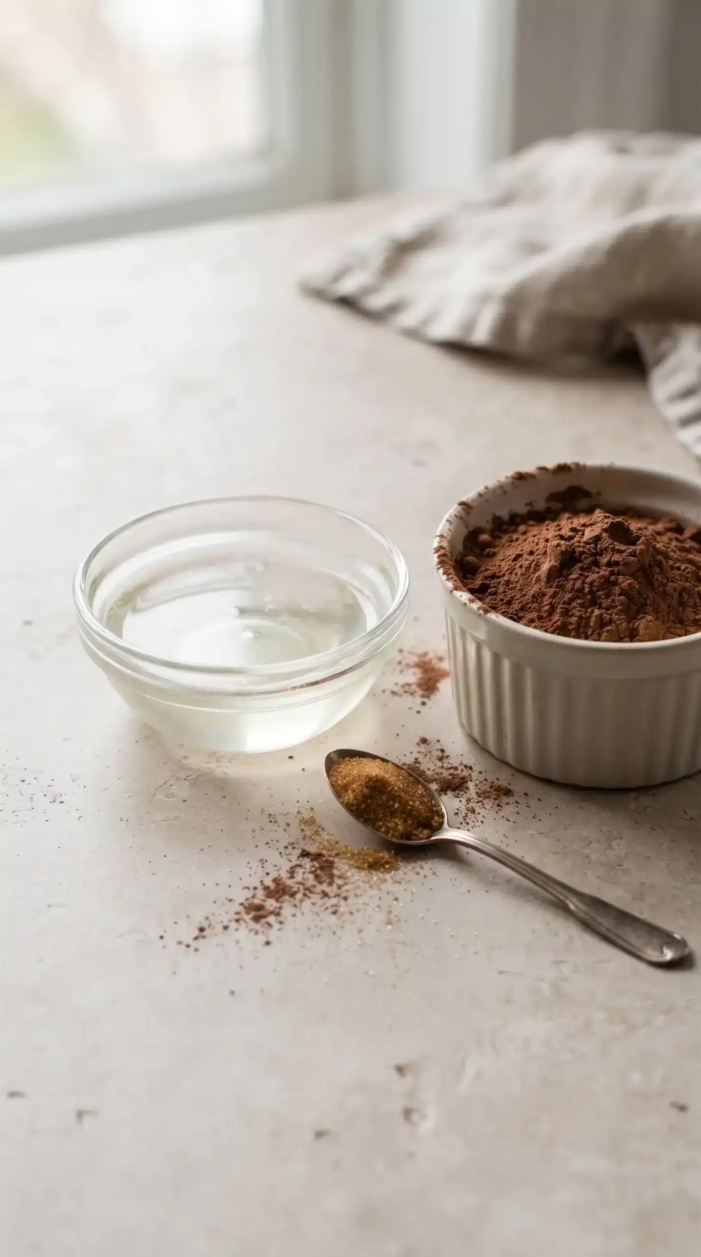 Cocoa powder, coconut oil, and sweetener prepared for a chocolate layer