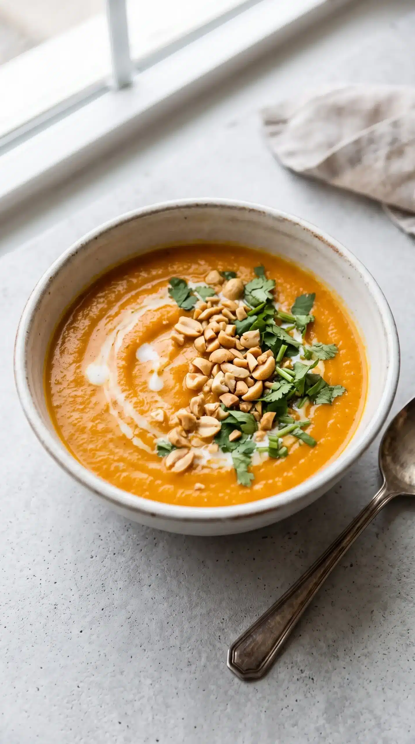 Finished bowl of creamy carrot soup topped with cilantro and chopped peanuts