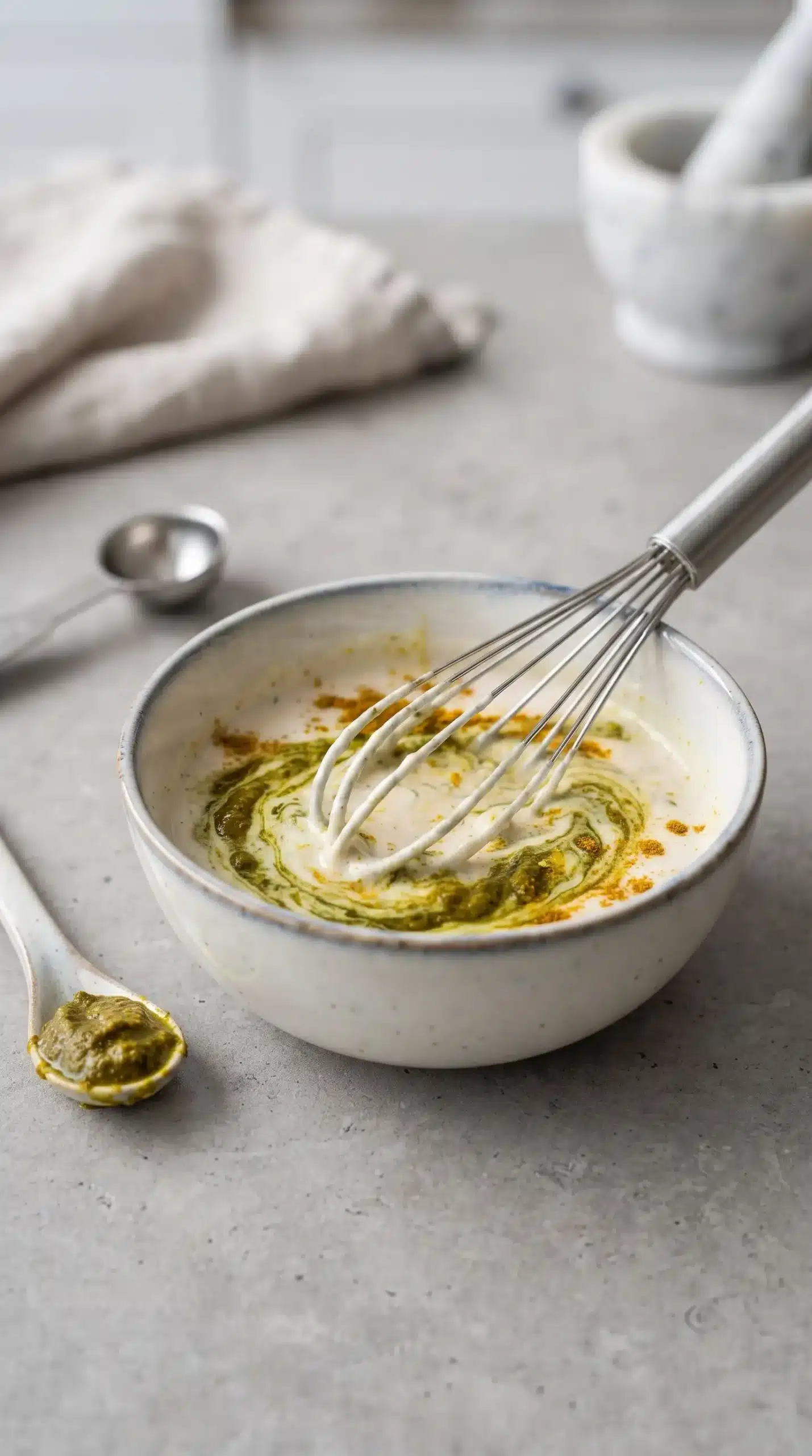 Creamy coconut curry dressing being whisked with green curry paste in a small bowl