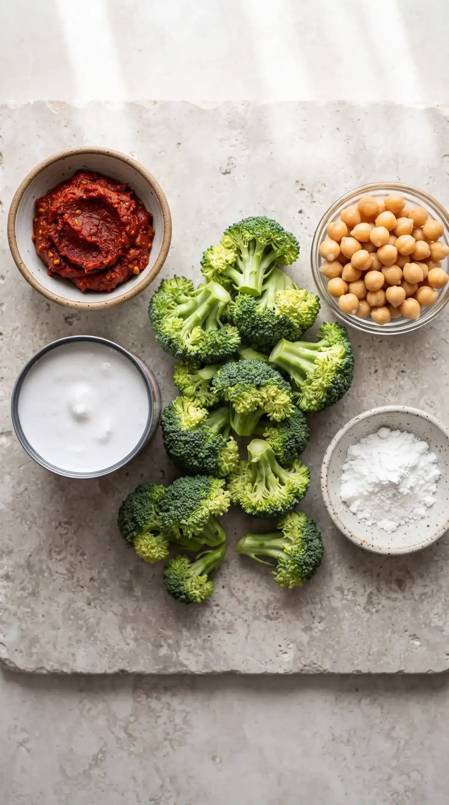 Ingredients for coconut curry with coconut milk, red curry paste, broccoli, chickpeas, and cornstarch