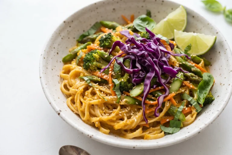 Coconut curry noodle bowls with creamy sauce and colorful vegetables