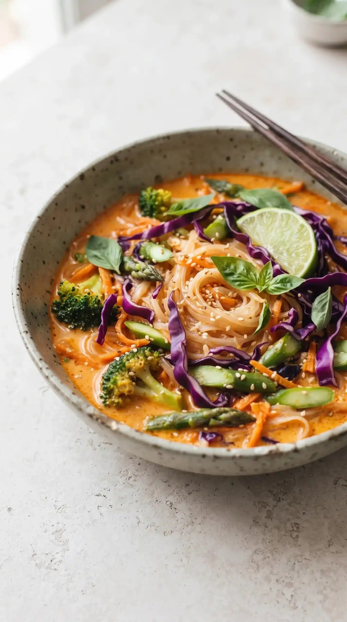 Coconut curry noodles with broccoli, asparagus, carrots, and cabbage