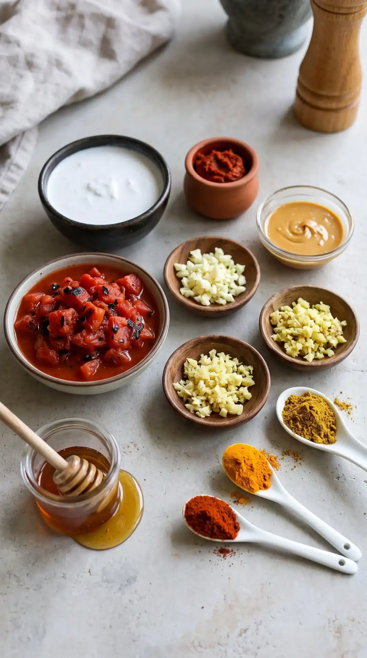 Coconut milk, red curry paste, peanut butter, tomatoes, and spices for squash curry sauce