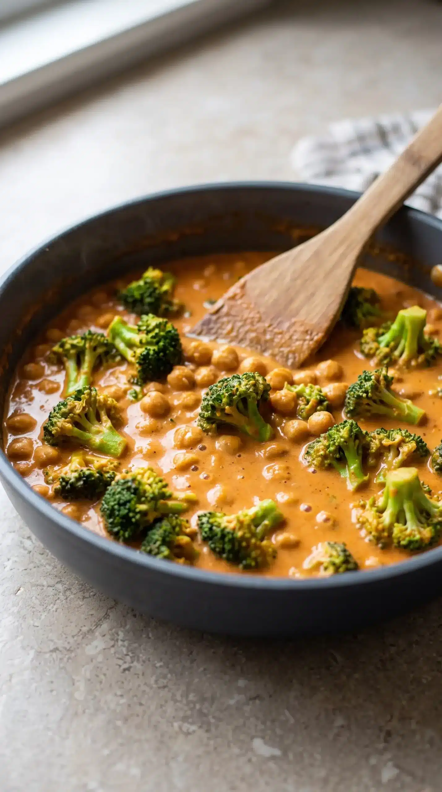 Broccoli and chickpeas simmering in creamy coconut curry sauce in a skillet