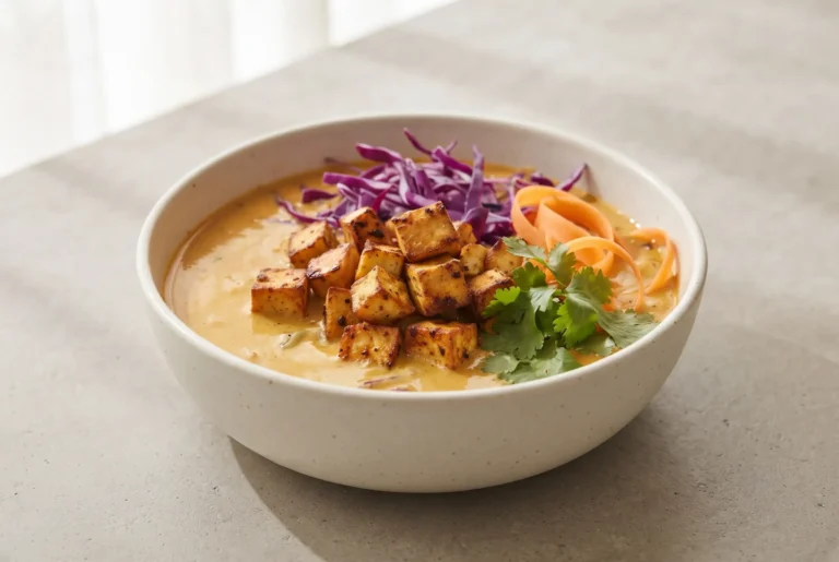 Coconut curry soup with crispy tofu cubes and fresh vegetable toppings in a ceramic bowl