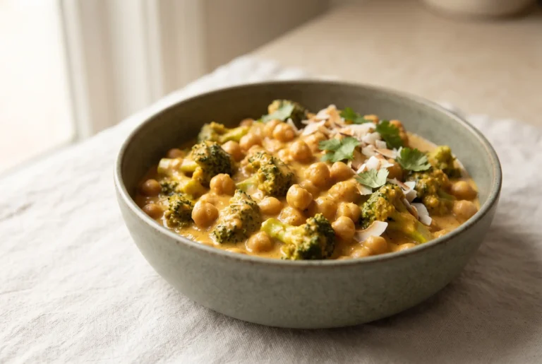 Coconut curry with chickpeas and vegetables in a creamy coconut milk sauce