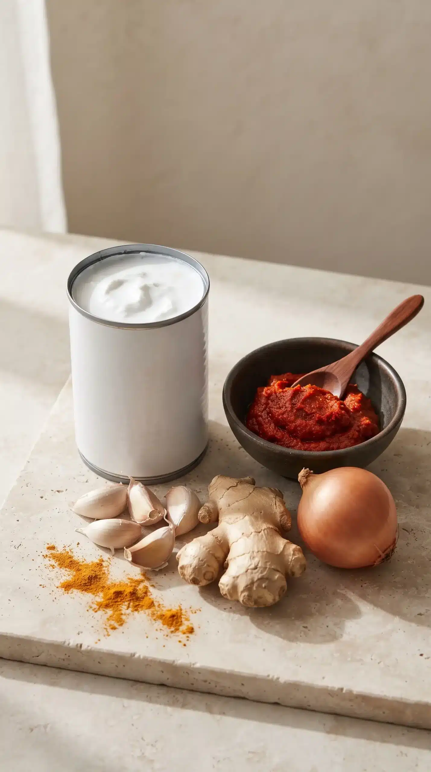 Coconut milk, red curry paste, turmeric, ginger, garlic, and onion for coconut curry soup