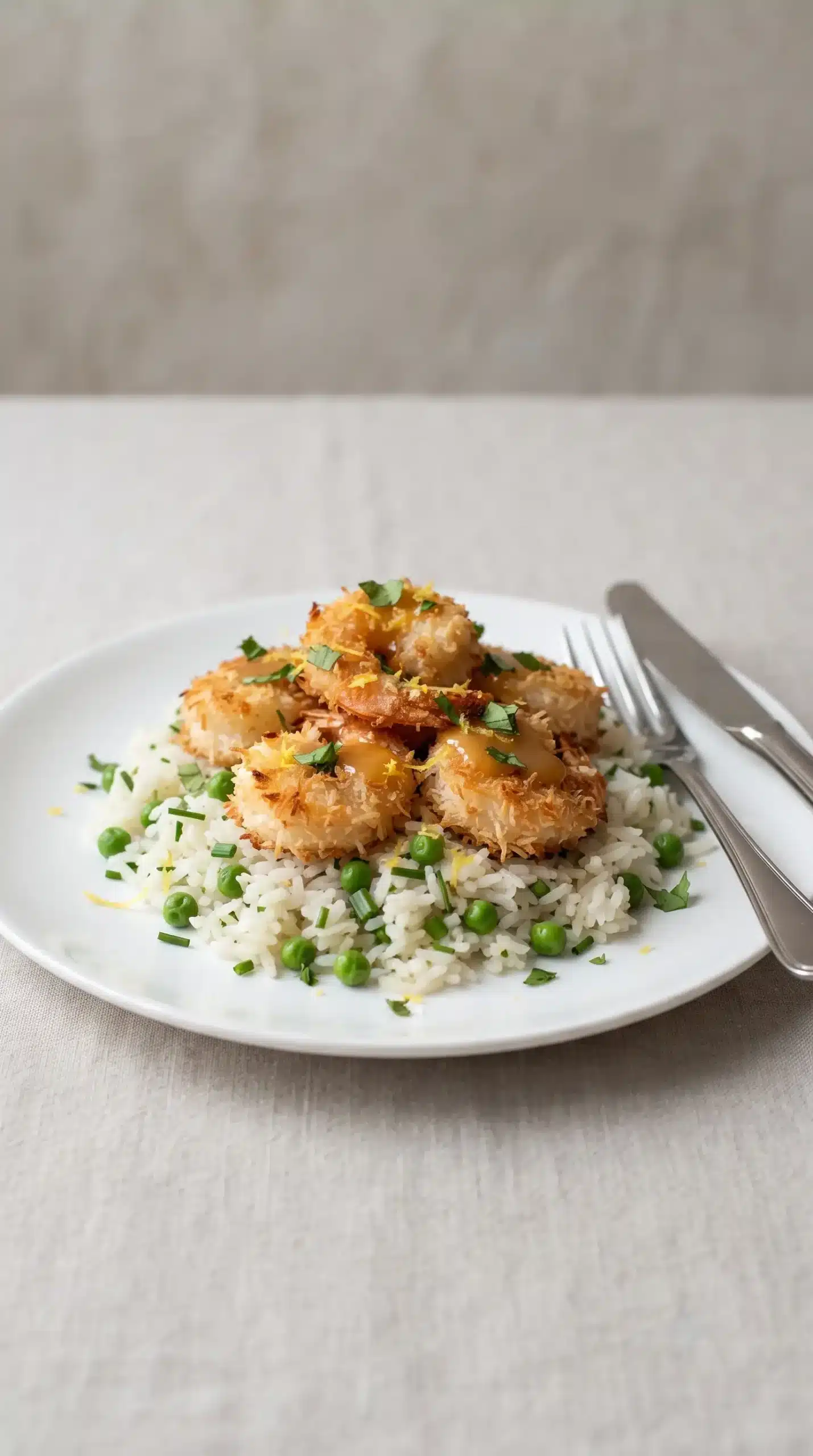 Baked coconut shrimp with honey butter sauce served over jasmine rice