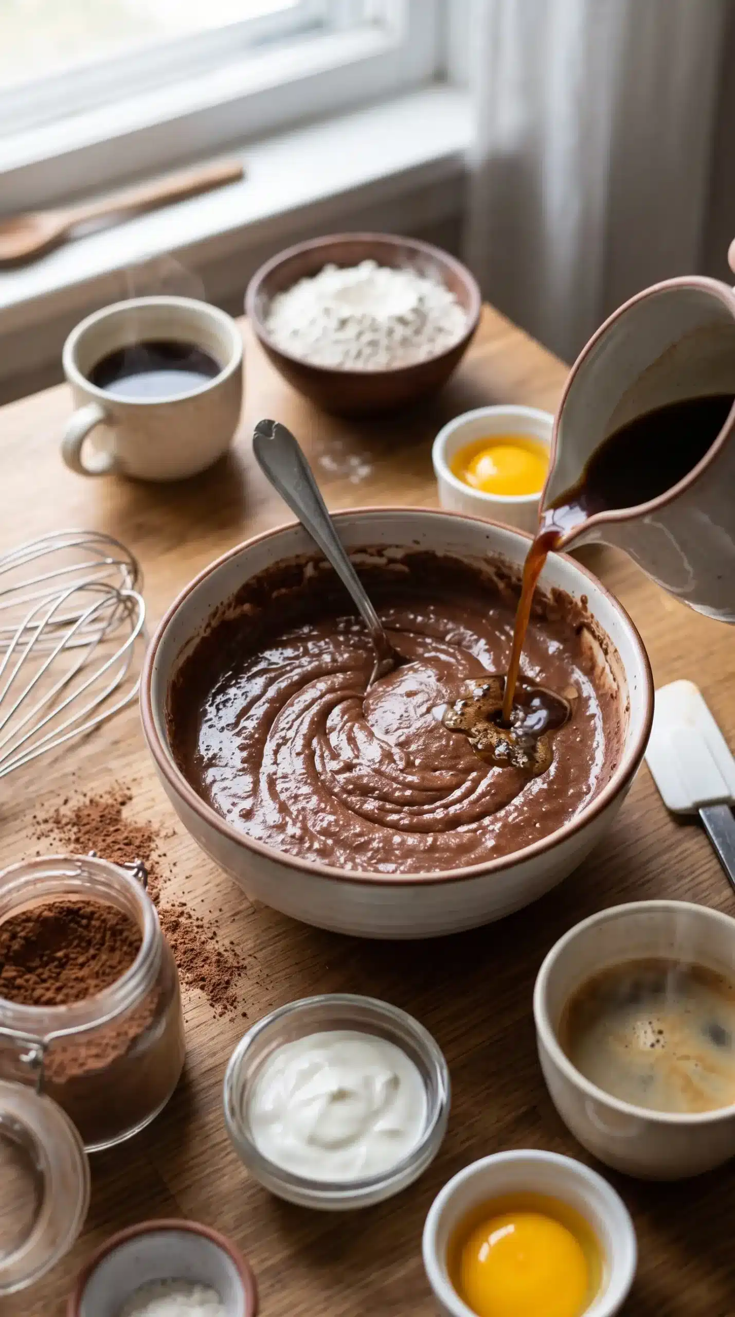 Chocolate cake batter being mixed with coffee, cocoa, and baking ingredients in a small bowl