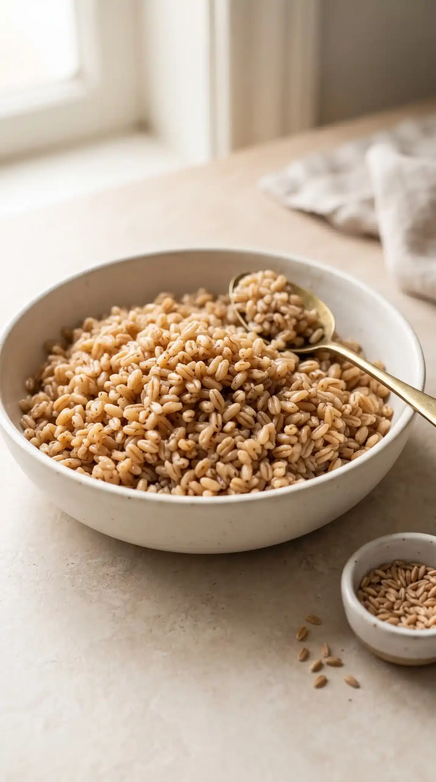 Cooked farro grains showing the chewy base for Asiago white beans bowl